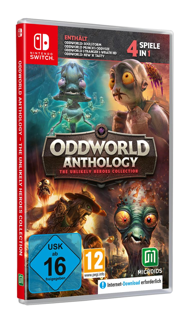 Spielverpackung für Nintendo Switch mit Comicfiguren und dem Titel Oddworld Anthology.