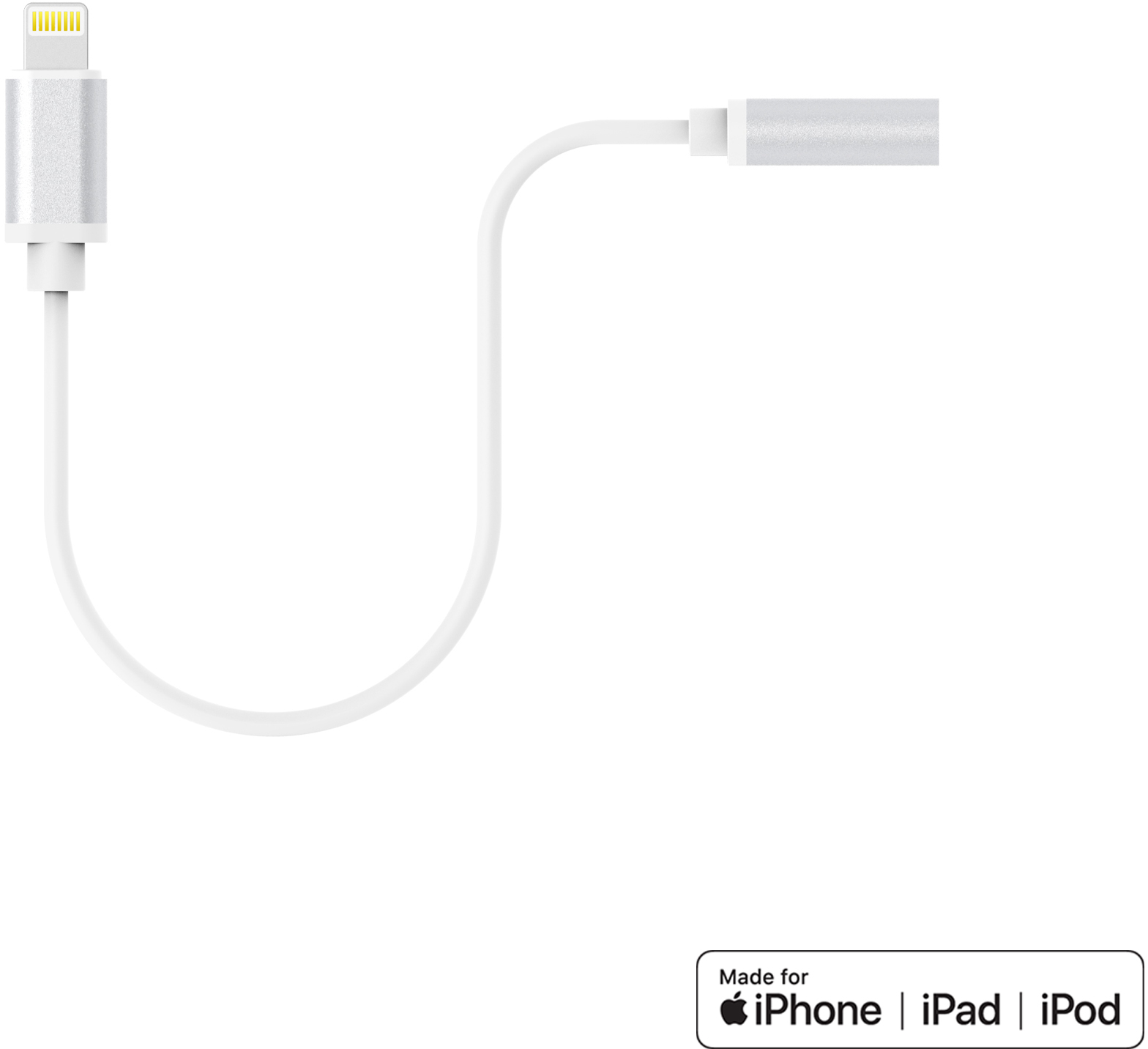 Egy fehér Lightning–3,5 mm-es jack kábel fehér háttéren. Fejhallgató-adapter.