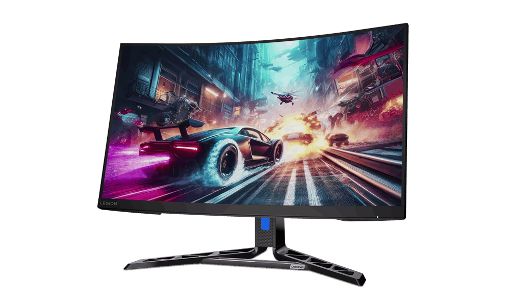 El monitor muestra un juego de carreras con un coche en el centro, edificios futuristas y un helicóptero en el fondo.