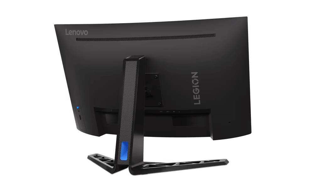Parte trasera de un monitor Lenovo Legion negro. El soporte es negro con luz azul. La palabra LEGION está en el monitor.