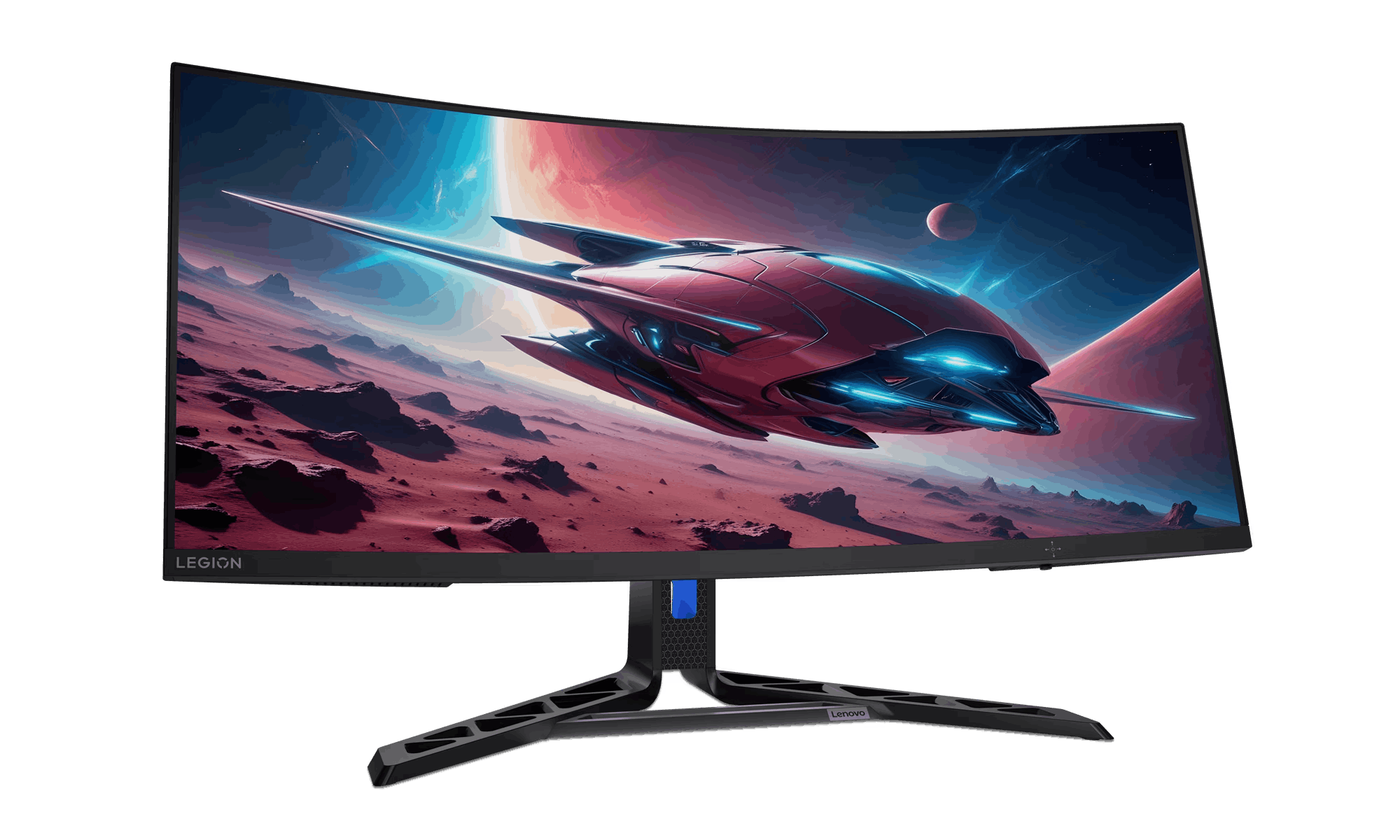 El monitor muestra una nave espacial sobre un paisaje marciano rojo con un planeta y un cielo estrellado.