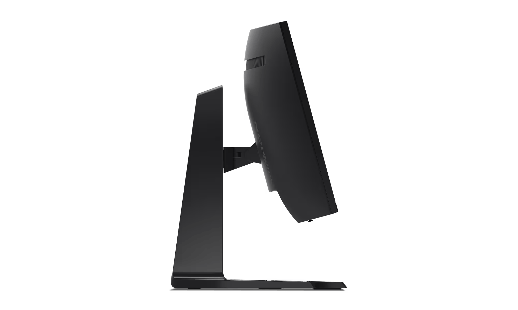 Vista trasera de un monitor negro con el logotipo de Legion y un acento azul en el soporte, sobre un fondo negro.