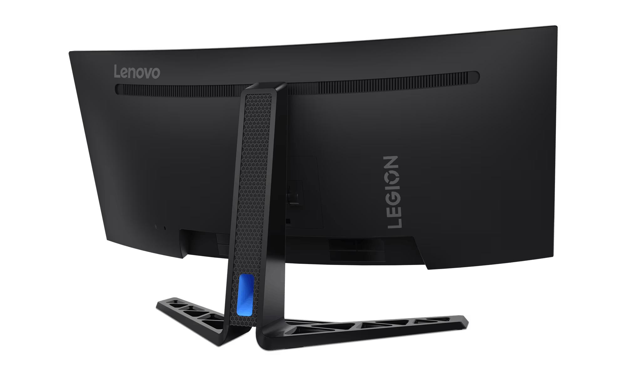 Vista trasera de un monitor Lenovo Legion negro con el logotipo de Legion y detalles en azul y rojo en el soporte.