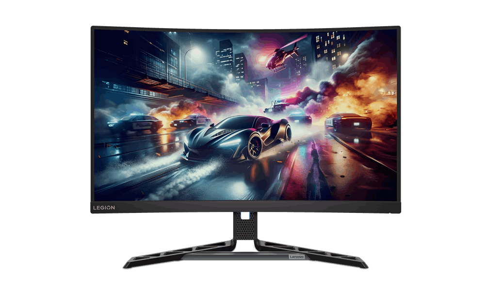 Un monitor gaming muestra una escena de carreras con coches, explosiones y un helicóptero en una ciudad nocturna.