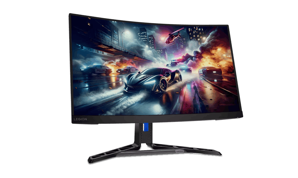 Un monitor gaming curvo muestra una escena de carreras con coches, explosiones y un helicóptero en una ciudad nocturna.