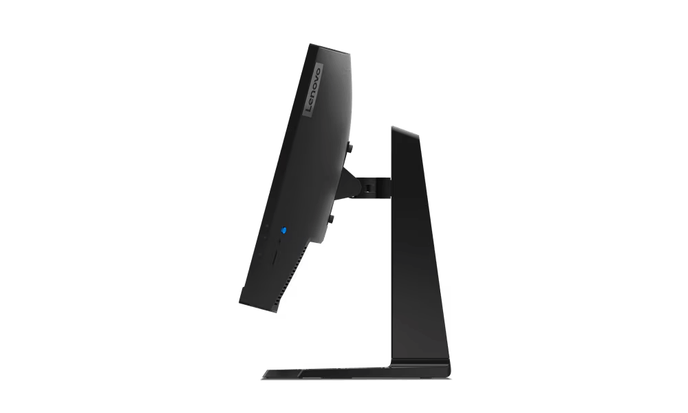 Monitor Lenovo negro sobre soporte. Vista lateral. La pantalla está en ángulo. Logotipo Lenovo visible.