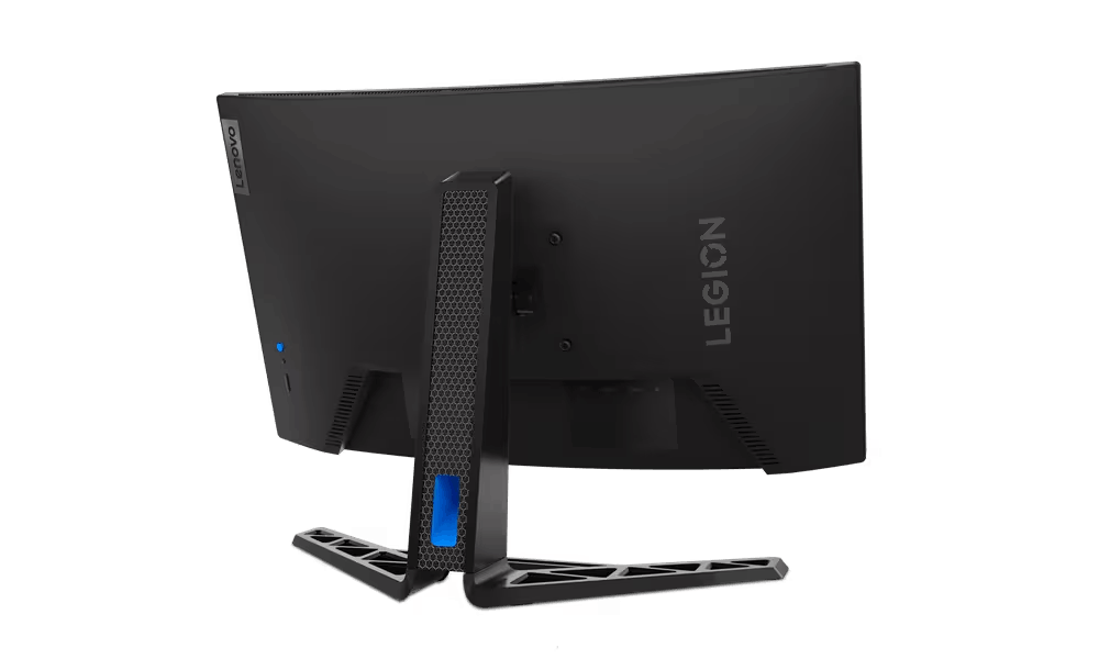 Vista trasera de un monitor gaming Lenovo Legion negro. Tiene una luz azul y el soporte es negro con detalles plateados.