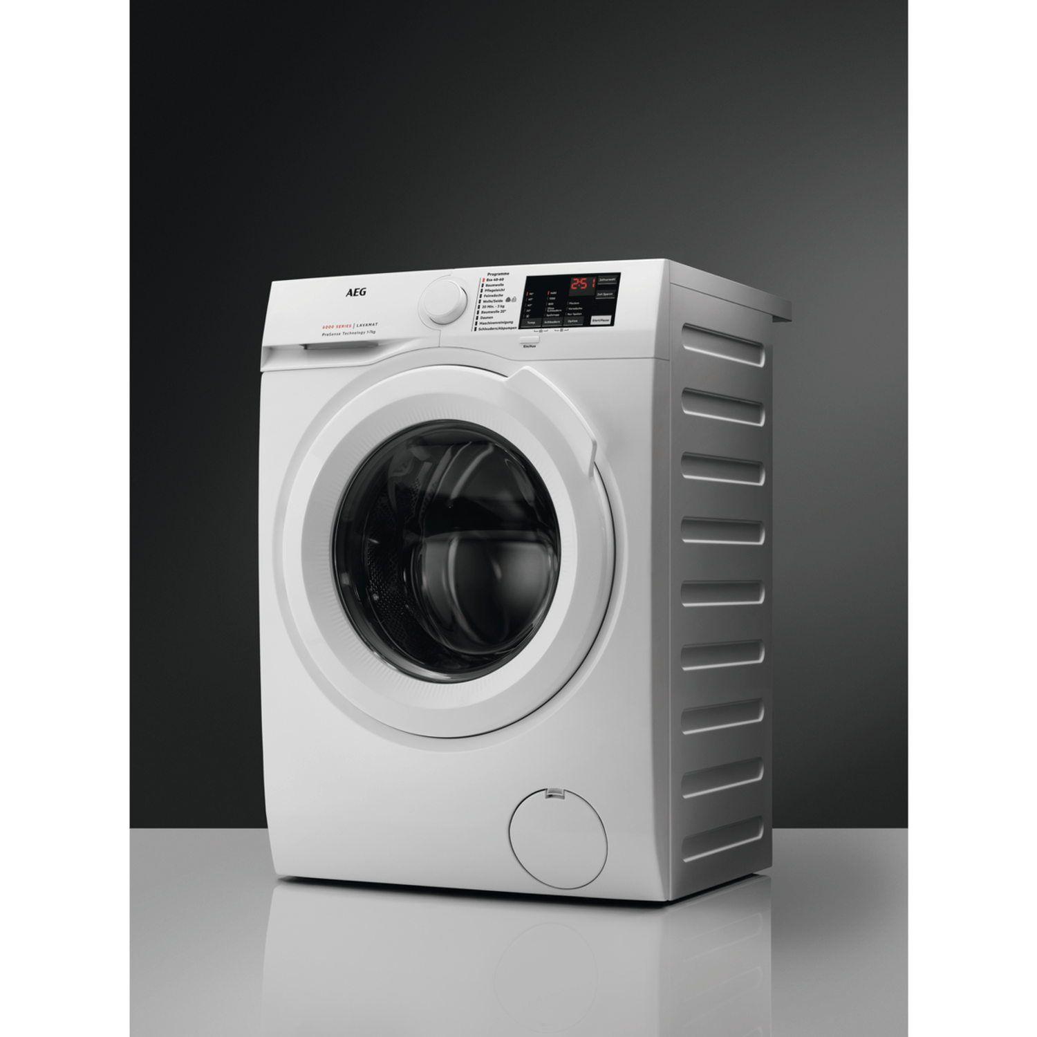 A white washing machine against a gray background. The machine has a round porthole and a control panel on top.