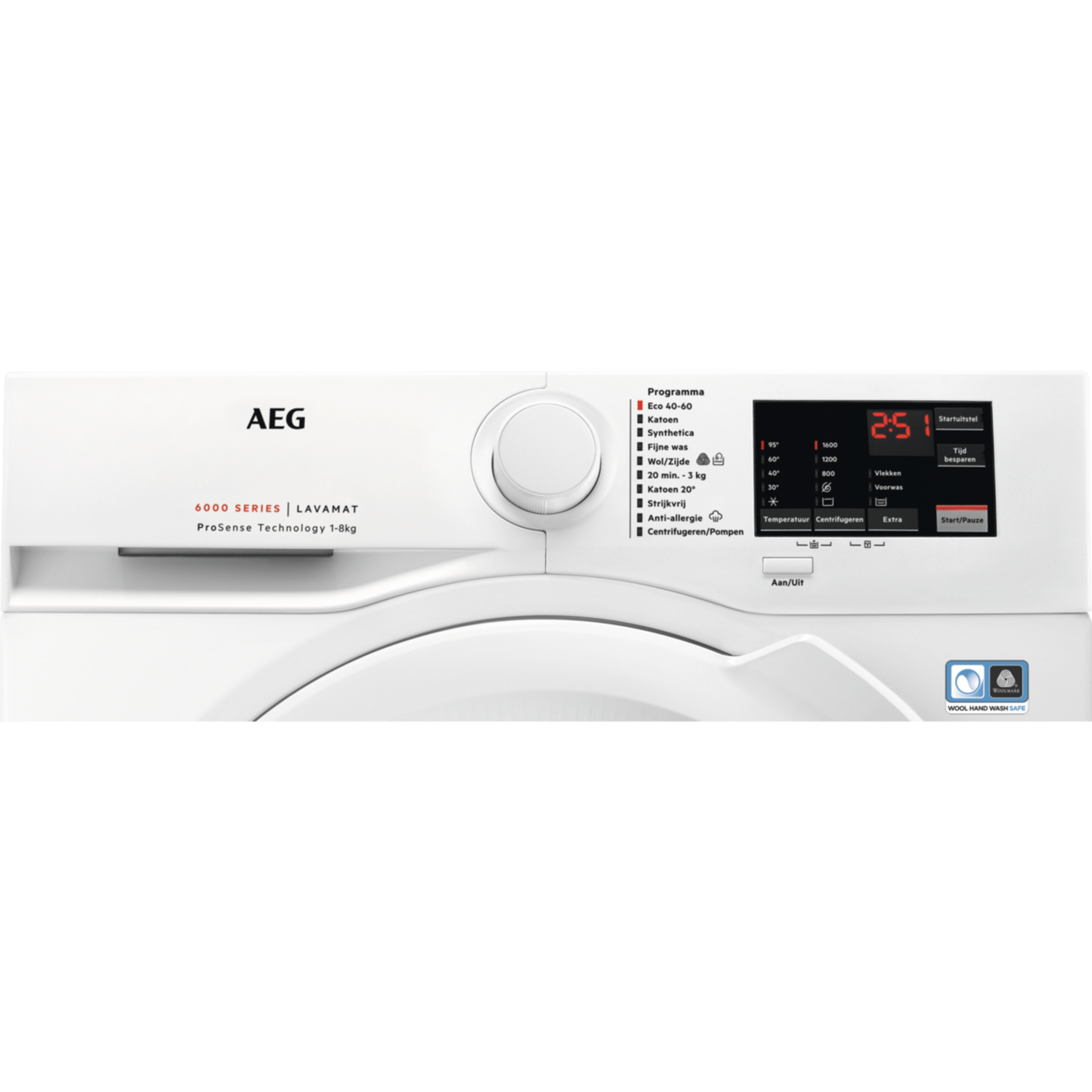 Close-up of the control panel of a white washing machine. It shows buttons, a display, and symbols for various wash programs.