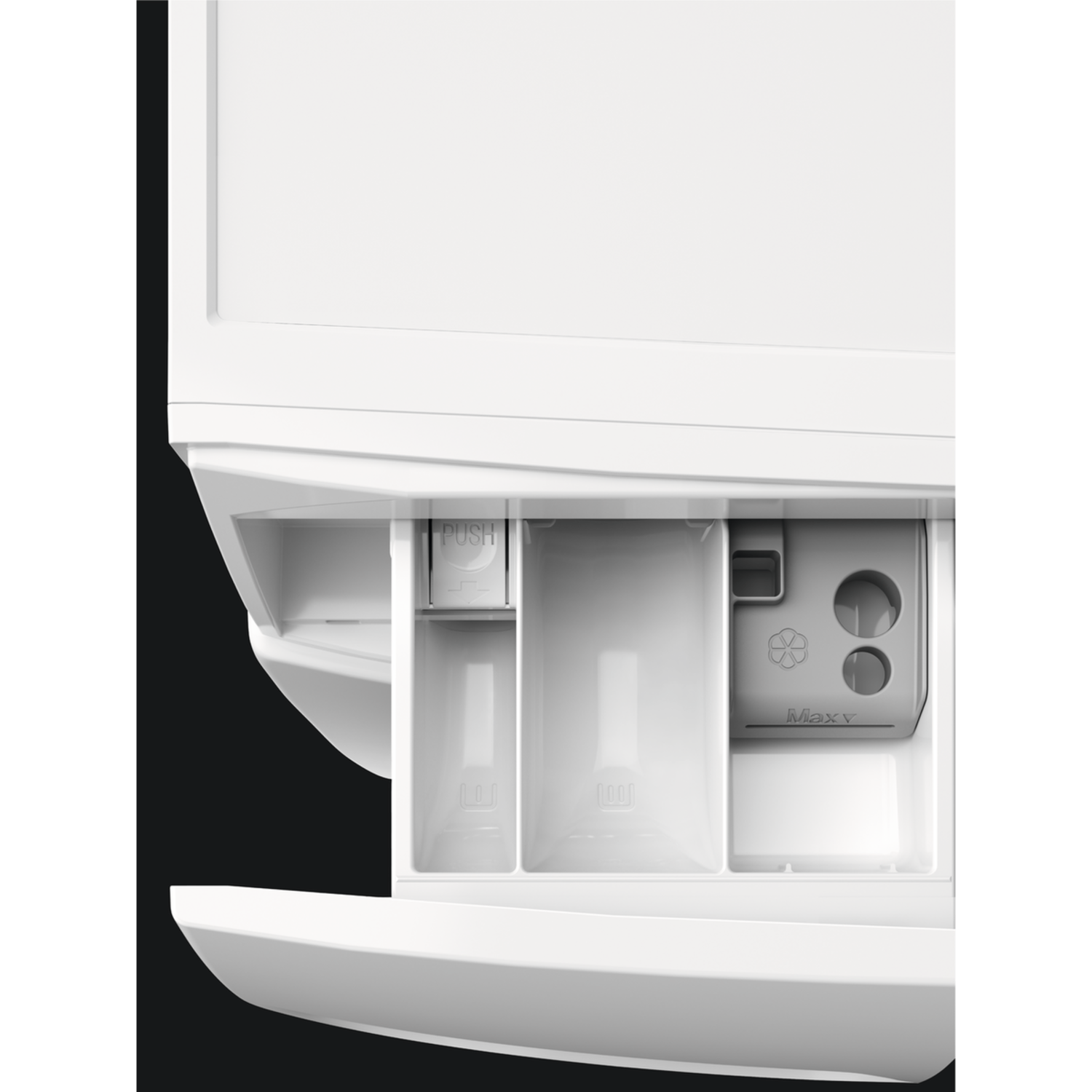 Close-up of a washing machine detergent compartment. It shows different sections for detergent and softener.
