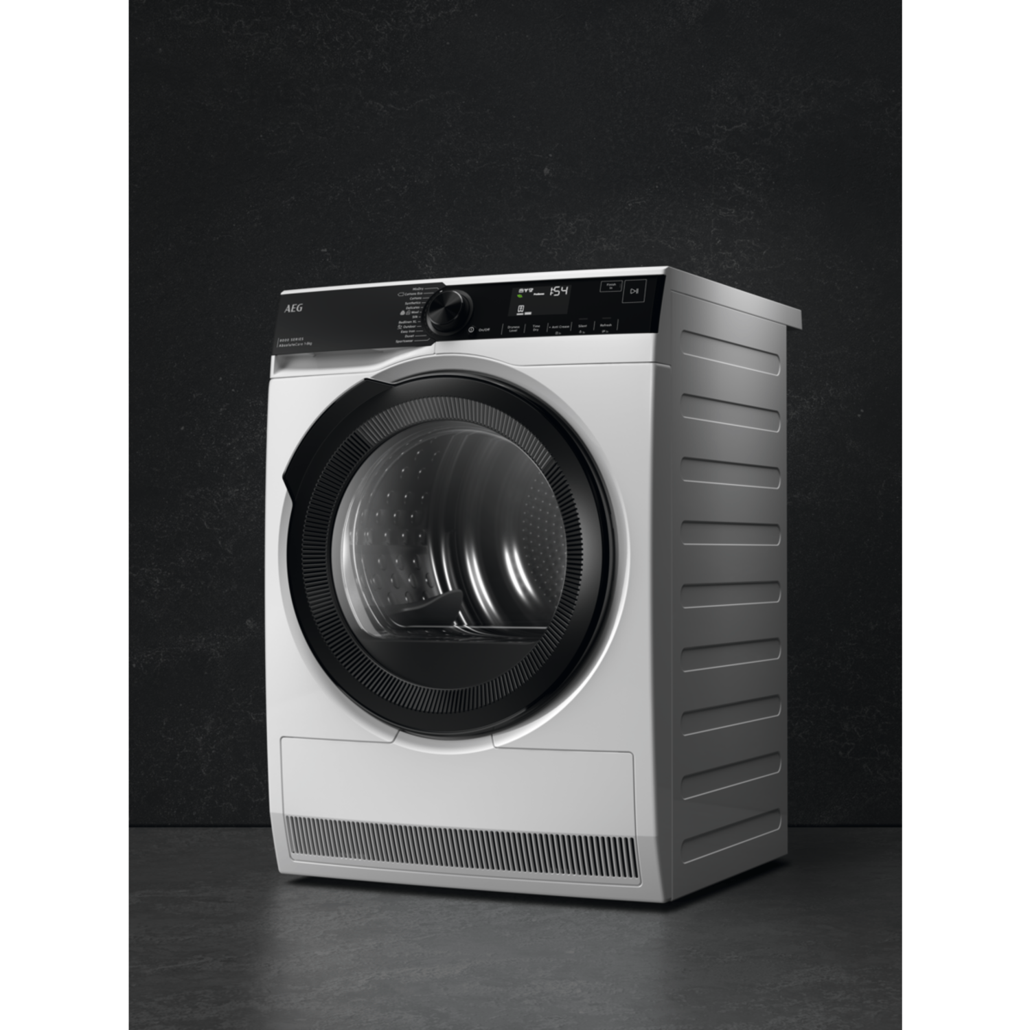 A white AEG dryer appliance with a black control panel and a round porthole.