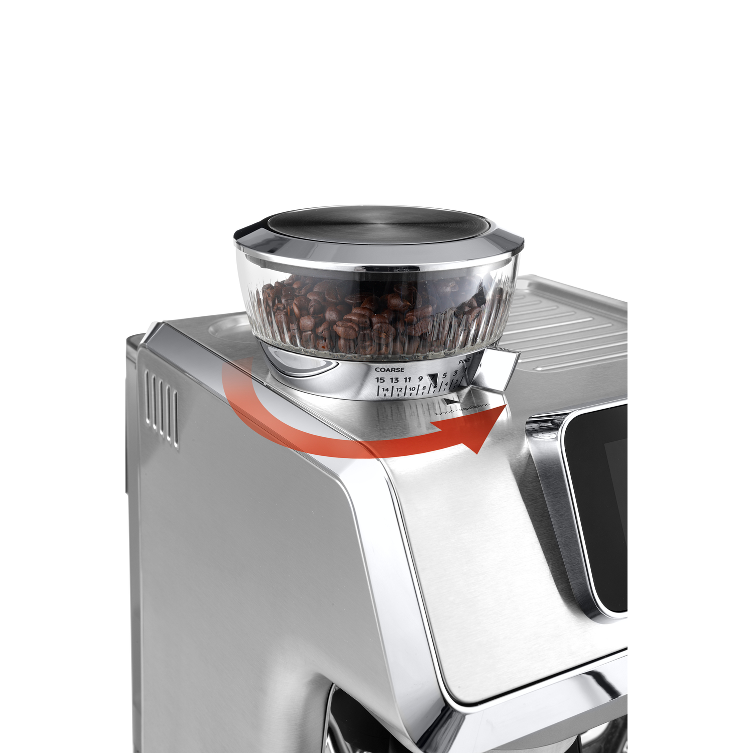 Close-up van een koffiemachine met een bonencontainer. Een rode pijl geeft de maalgroote aan.