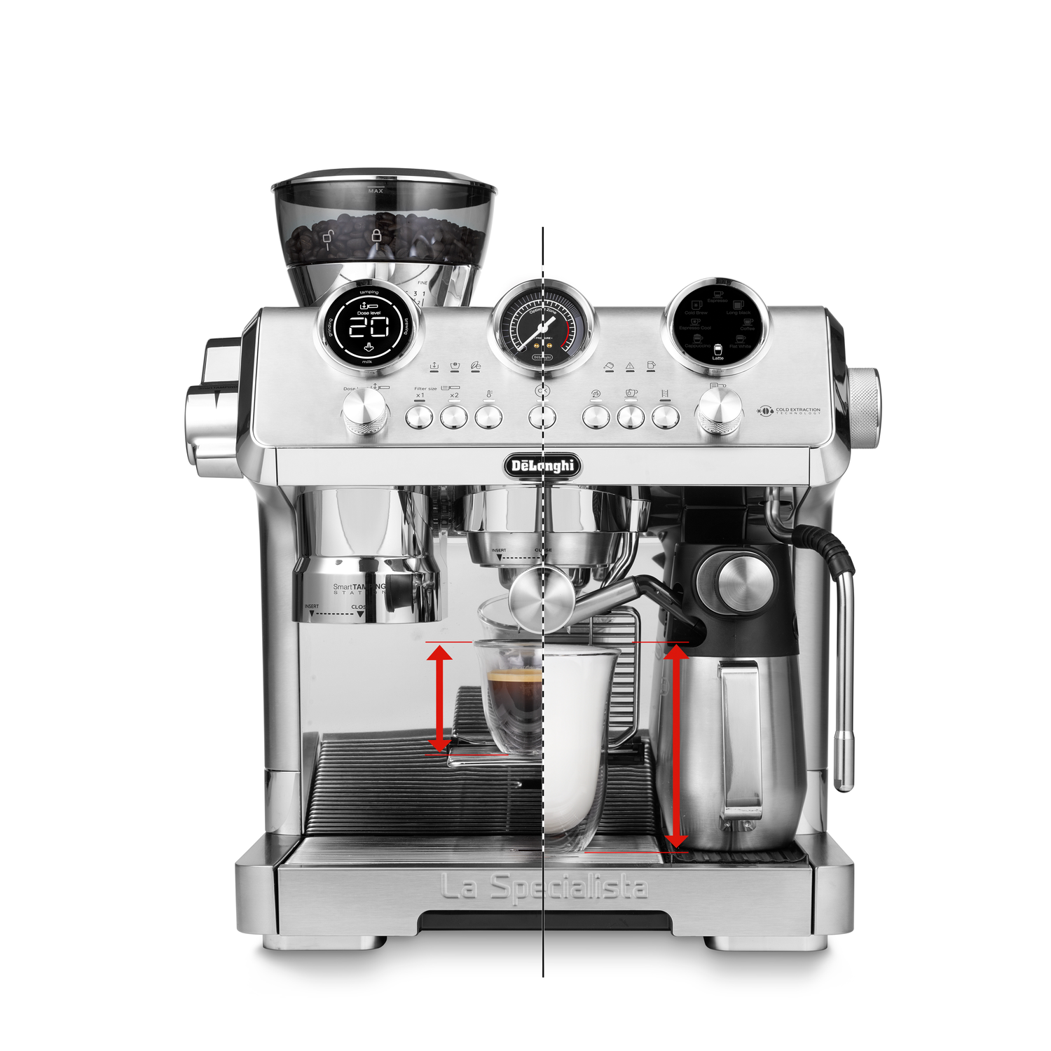 A coffee machine with three gauges, a cup of coffee, and a milk frother.