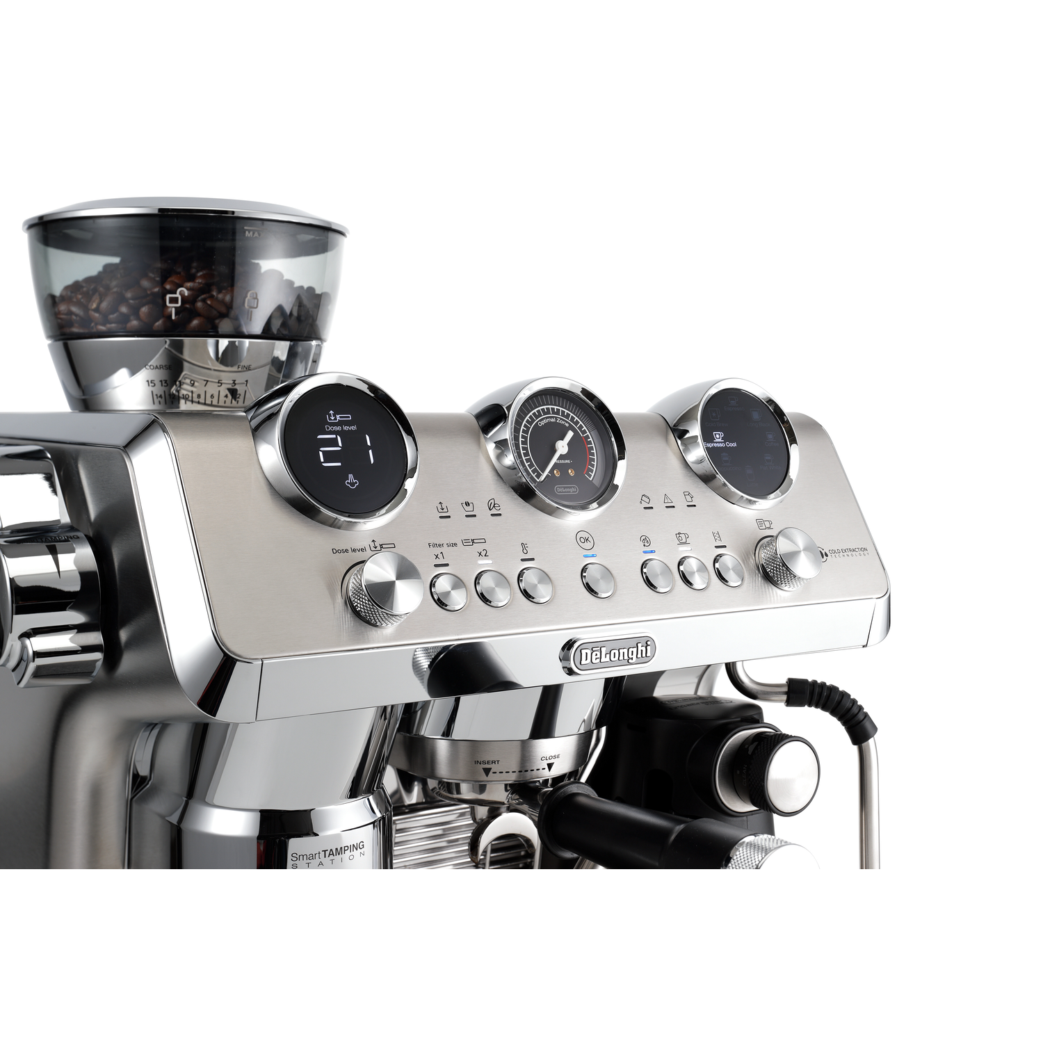 Close-up of a coffee machine with three gauges and controls. The background is white.