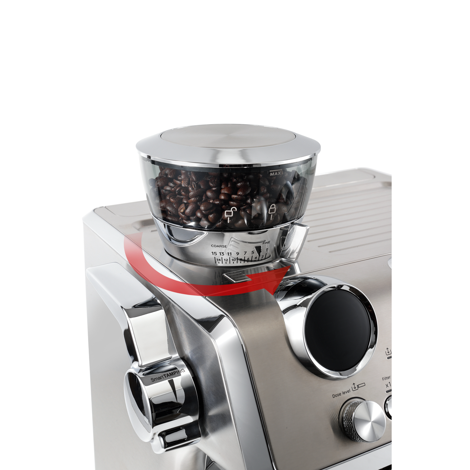 Close-up of a coffee machine with a bean container and grind size adjustment. A red arrow points.