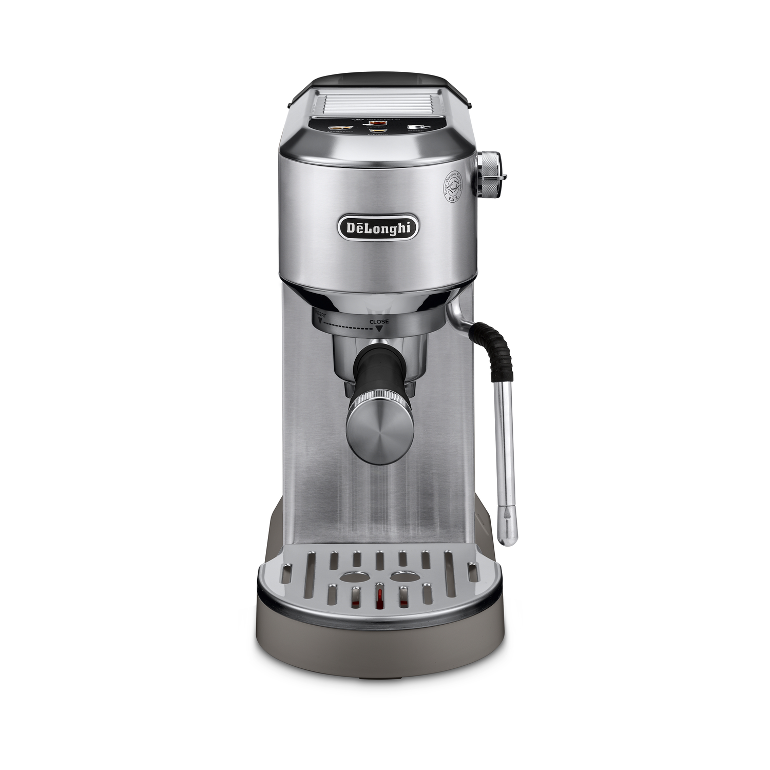A silver espresso machine standing on a grey base. The background is white.