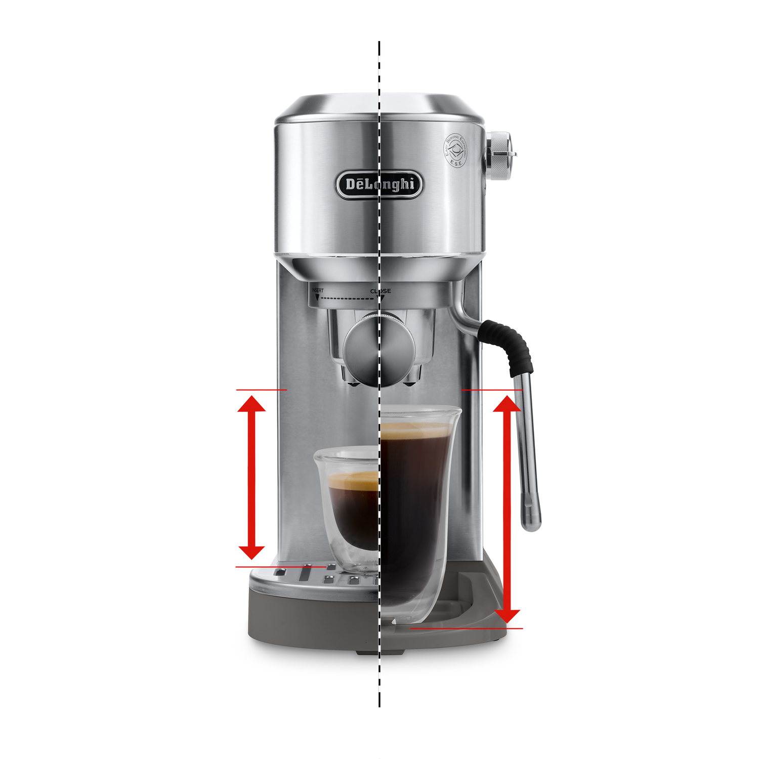 Espresso machine with a glass containing espresso. Red arrows indicate glass height. White background.