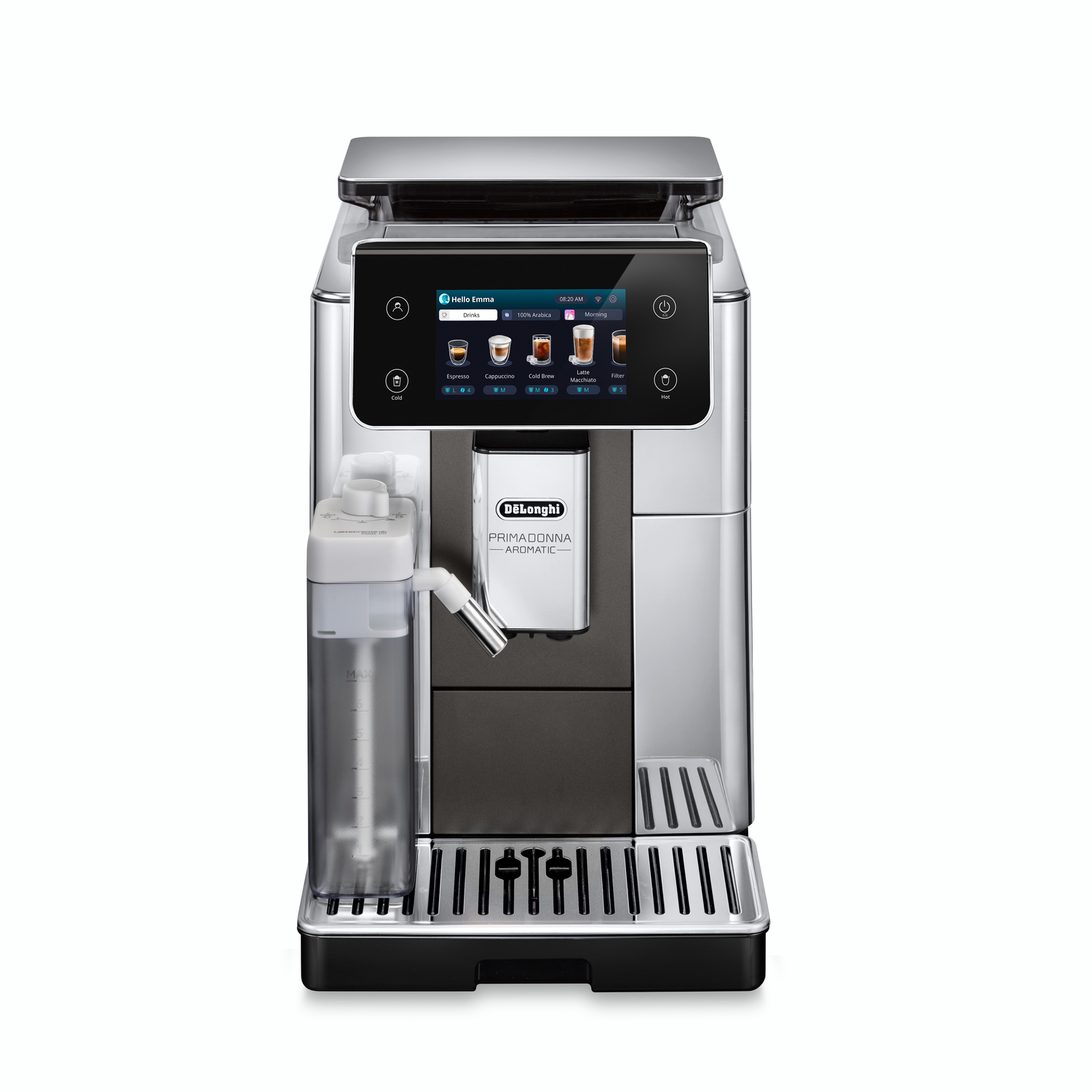 An espresso machine with a touchscreen and accessories. The background is white.