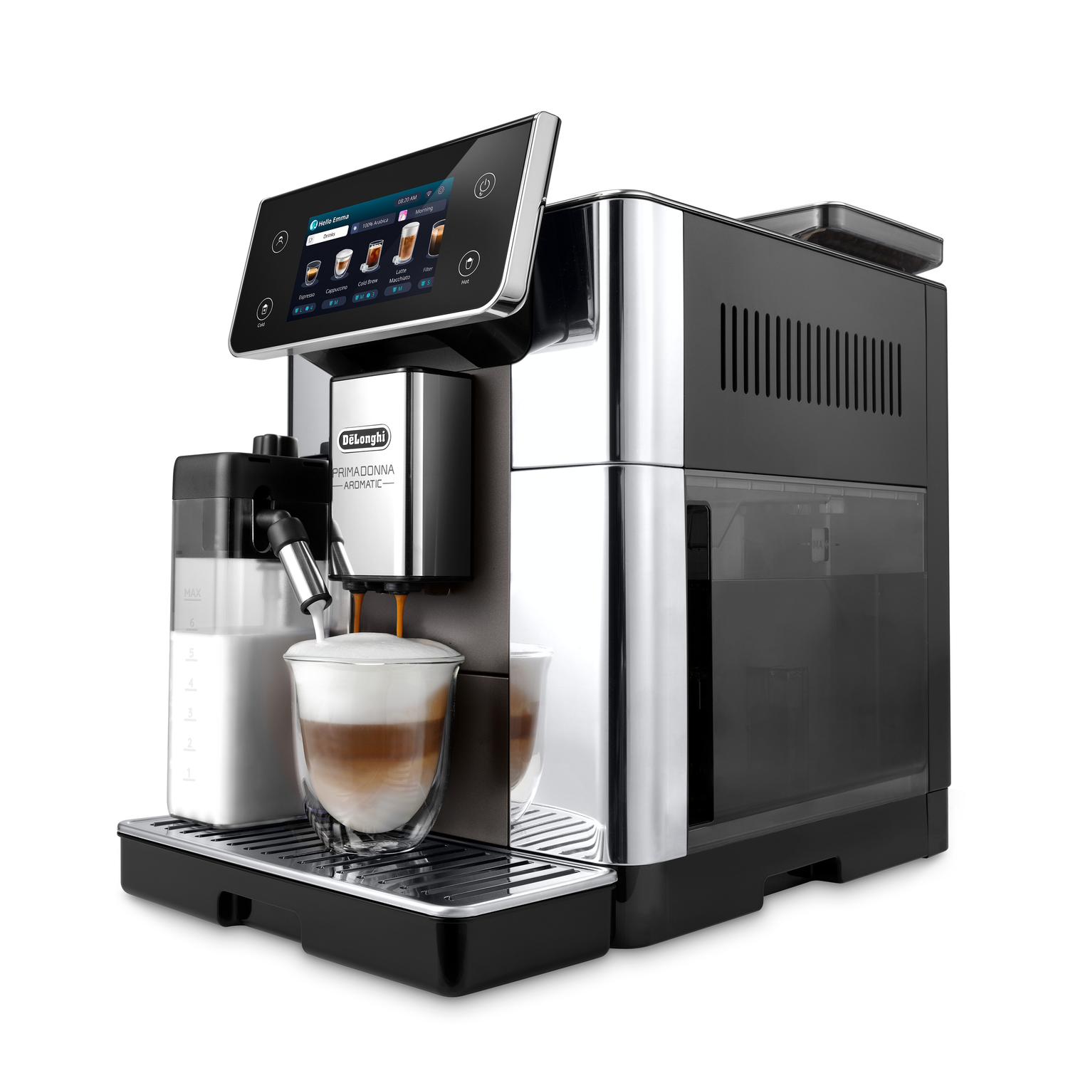 An espresso machine with a touchscreen and accessories. The background is white.