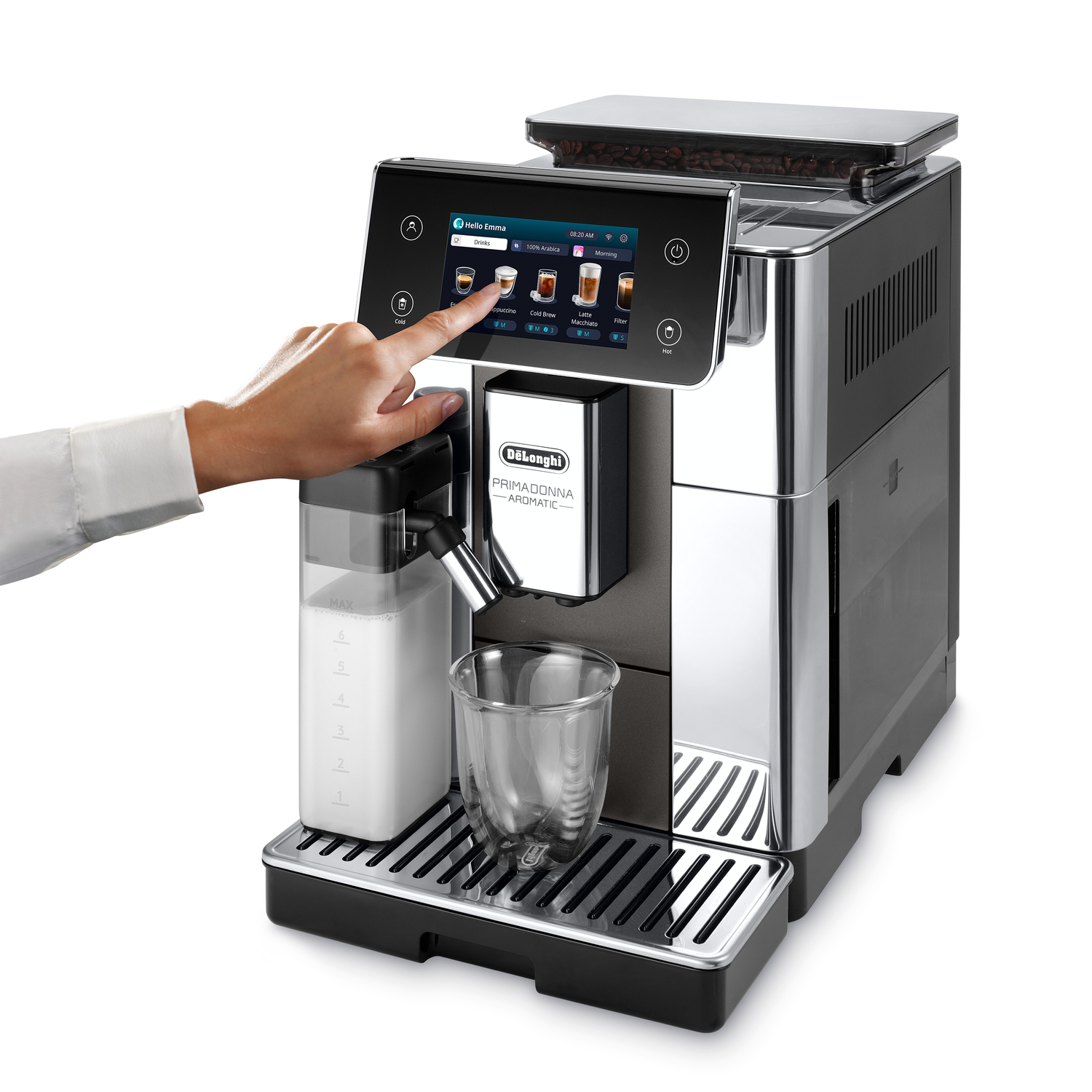 A person touching the touchscreen of an espresso machine. The background is white.