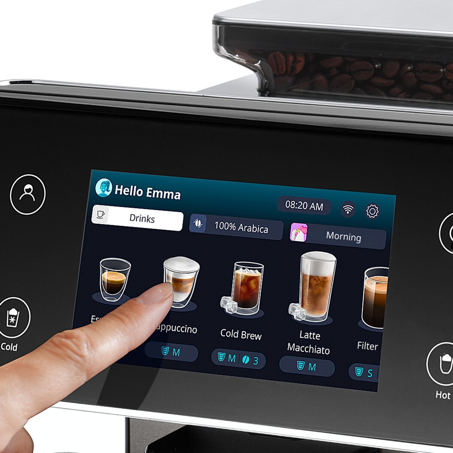 Coffee machine with a touchscreen displaying drink options. A finger selects cappuccino.