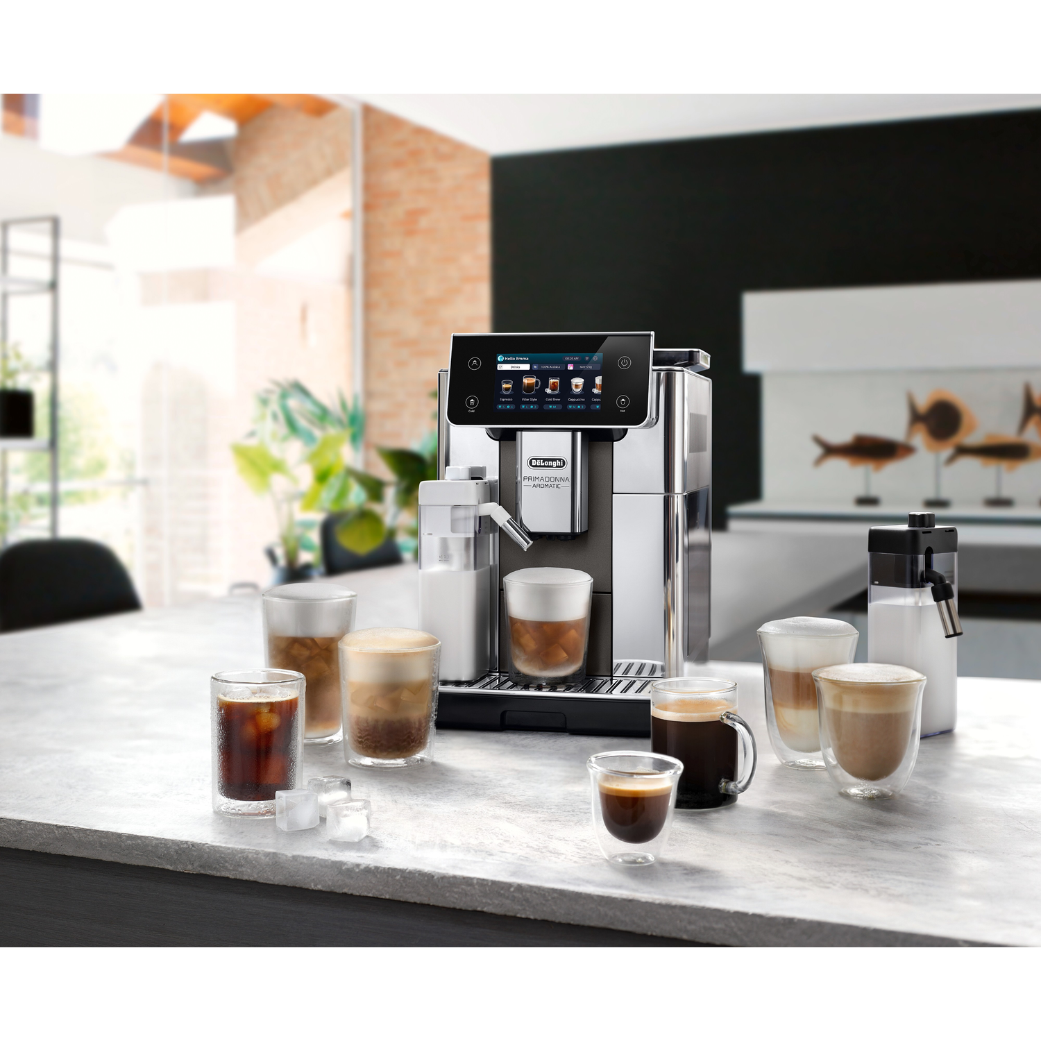 Coffee machine with drinks on a counter. Various coffee drinks and ice cubes are visible.