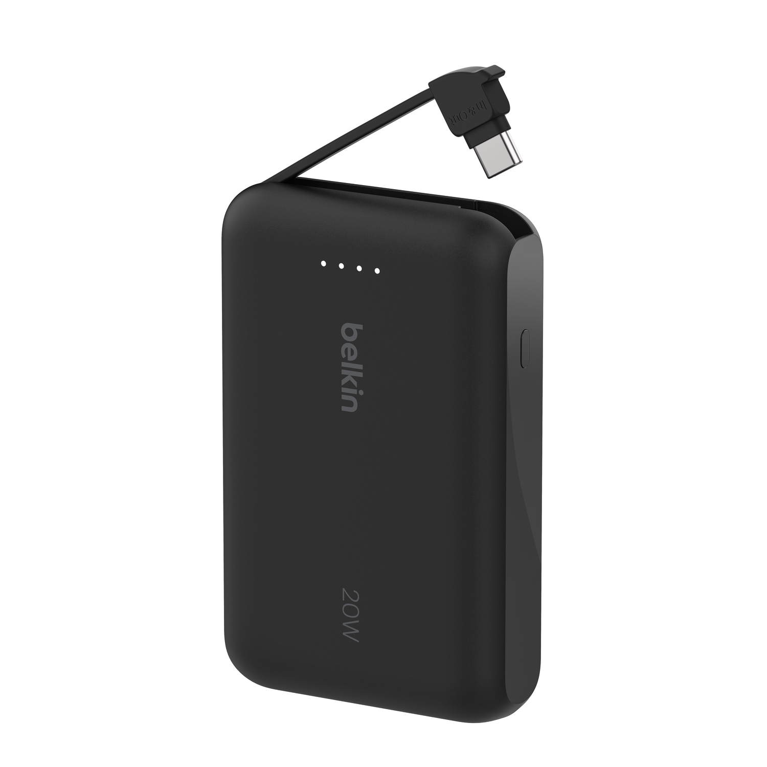 Black power bank with Belkin logo, USB-C cable, and "20W" marking.