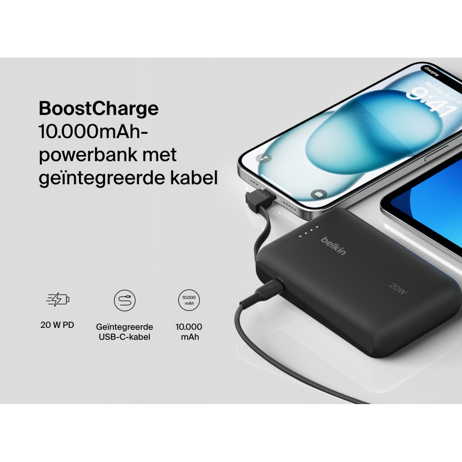 A black Belkin power bank charging an iPhone, with text about features next to it.