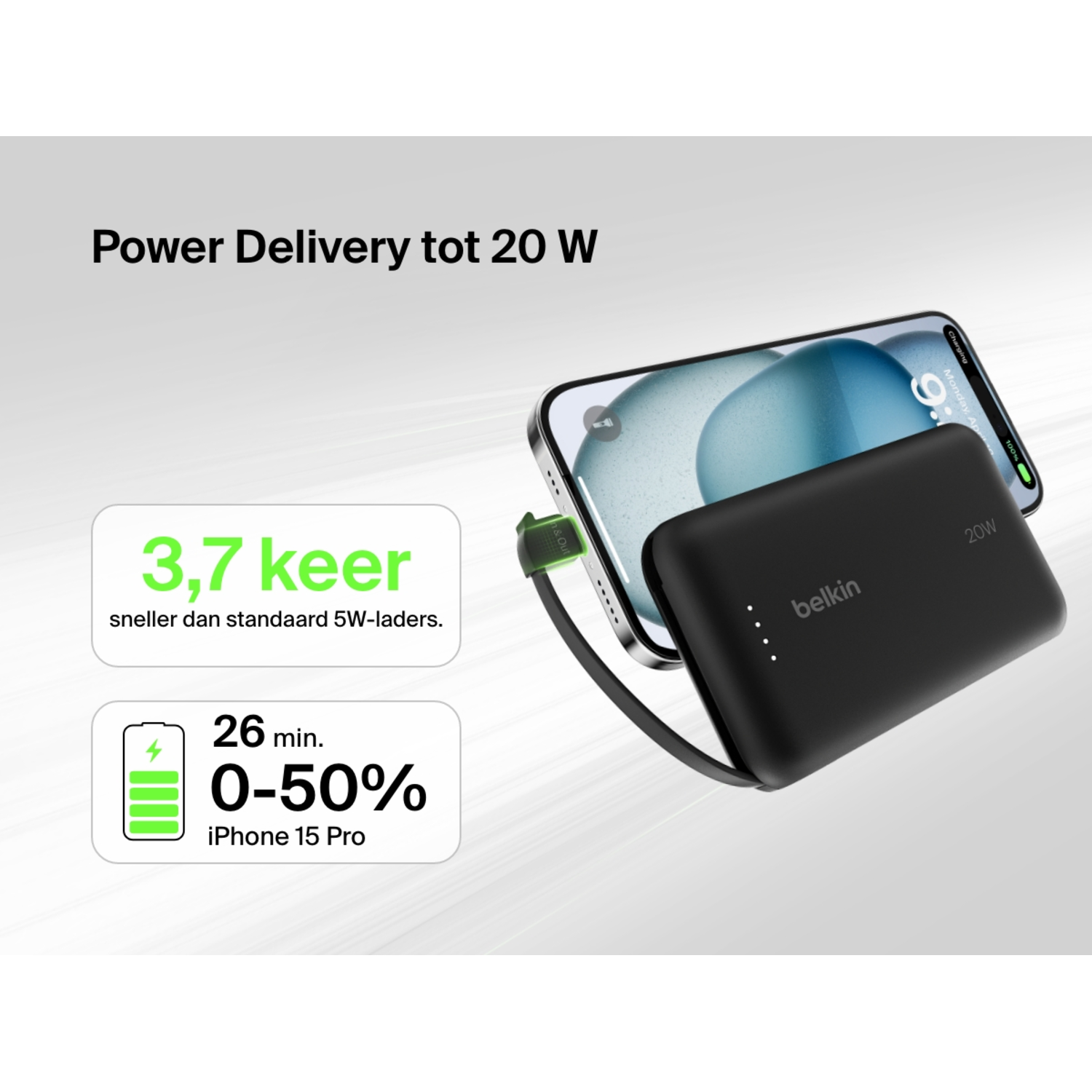 An iPhone being charged by a black Belkin power bank, with text about charging speed.