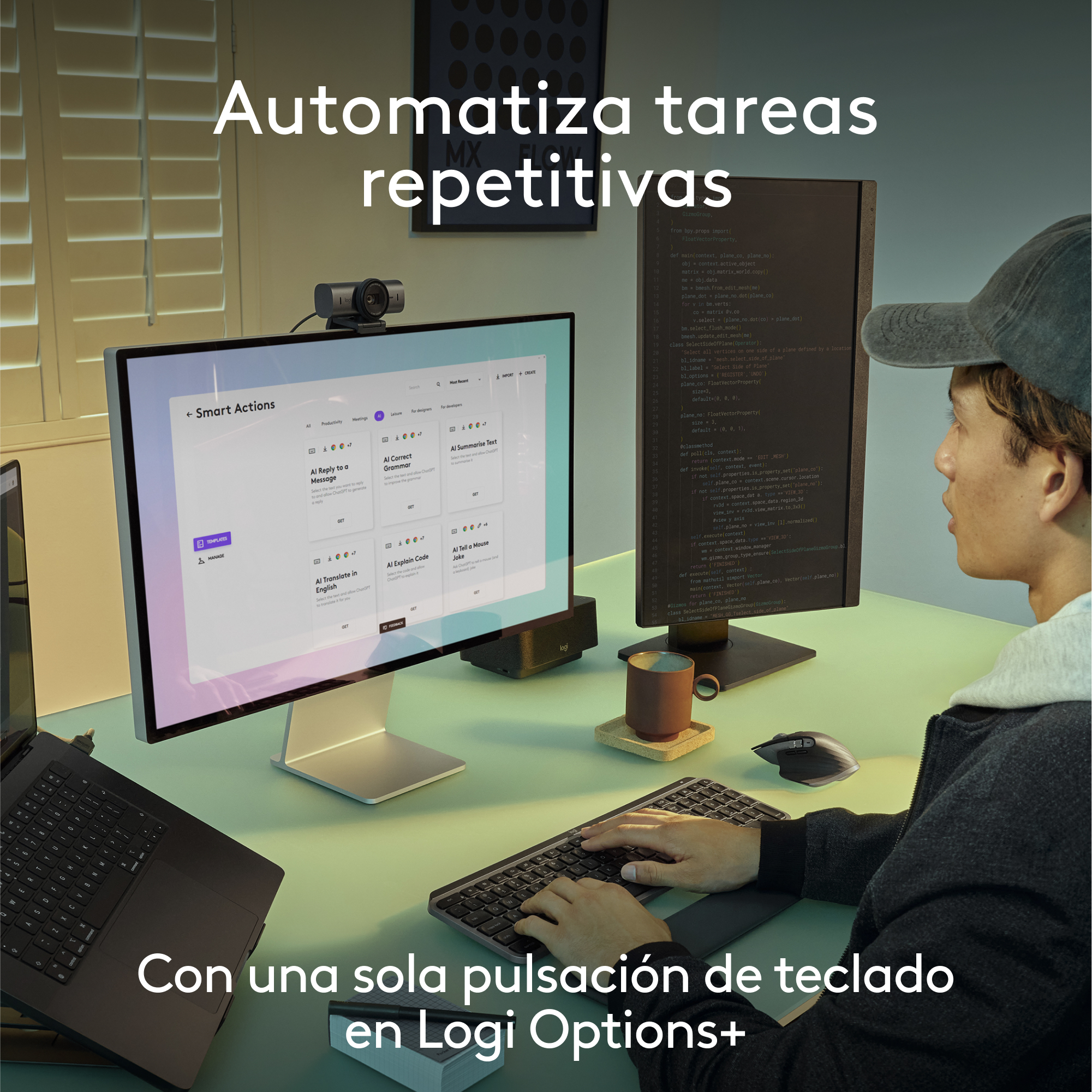 Una persona trabajando en un escritorio con múltiples pantallas y un teclado.