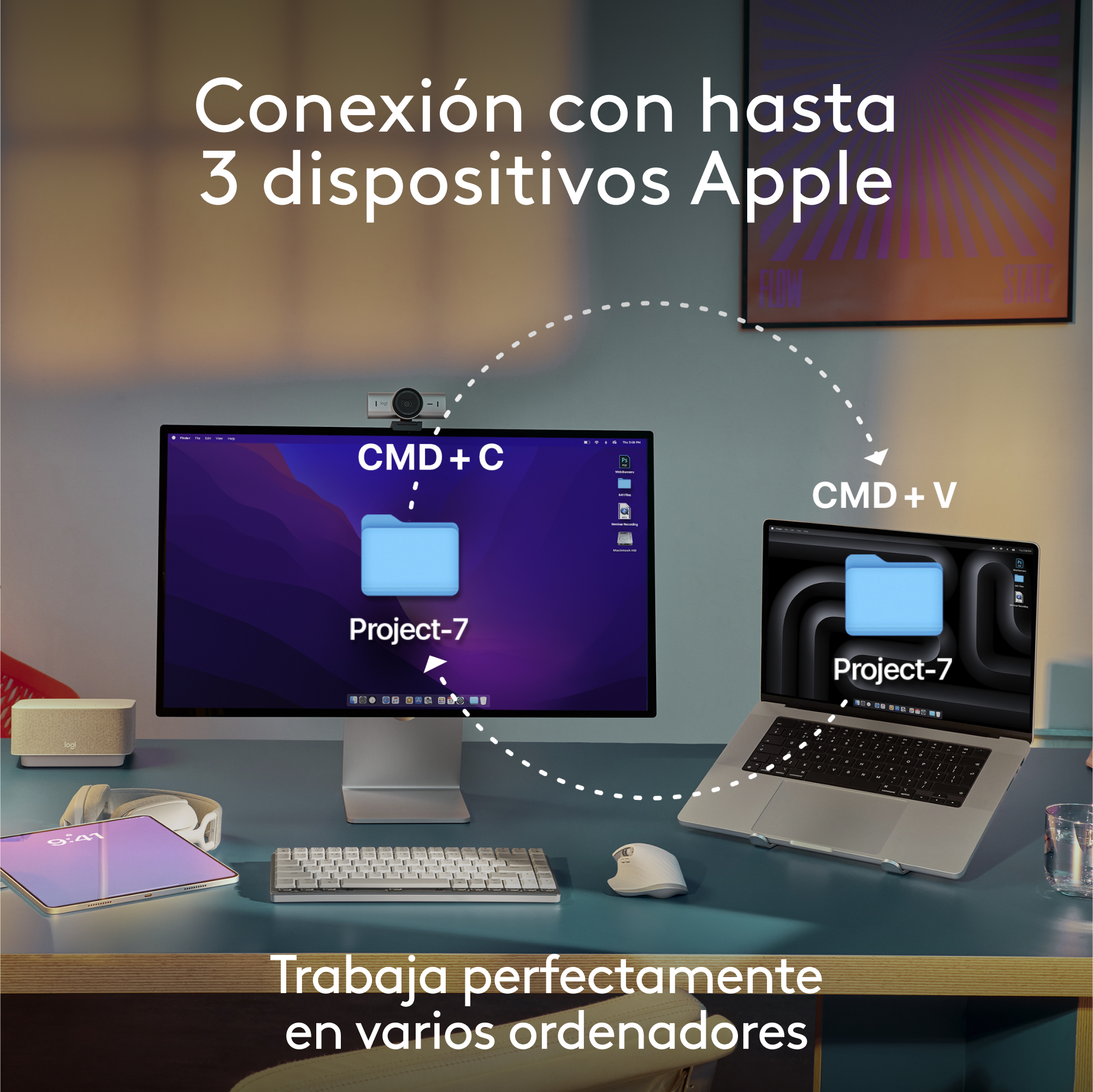 Un espacio de trabajo con dispositivos Apple, incluyendo un monitor, portátil, tableta, teclado y ratón, con texto.