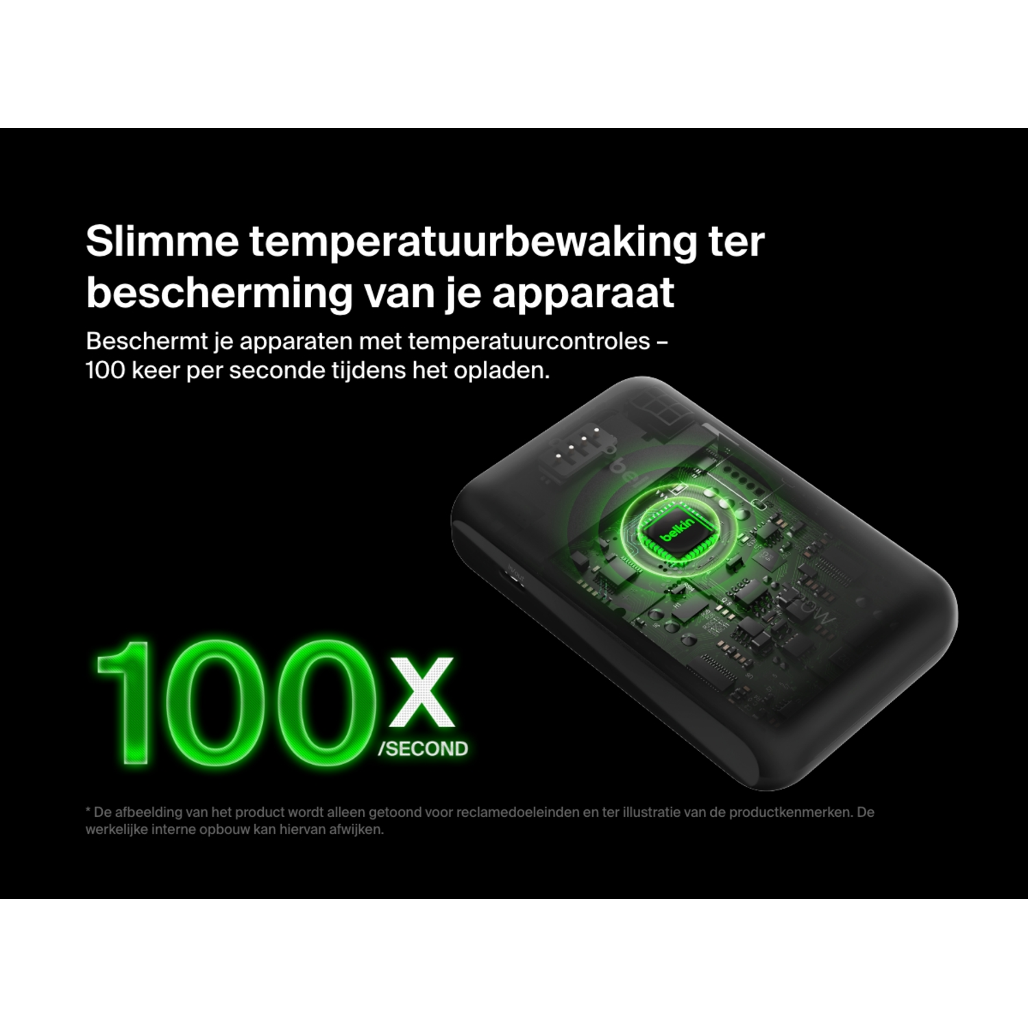 A black, rectangular Belkin charger with green lights displaying '100x/second'.