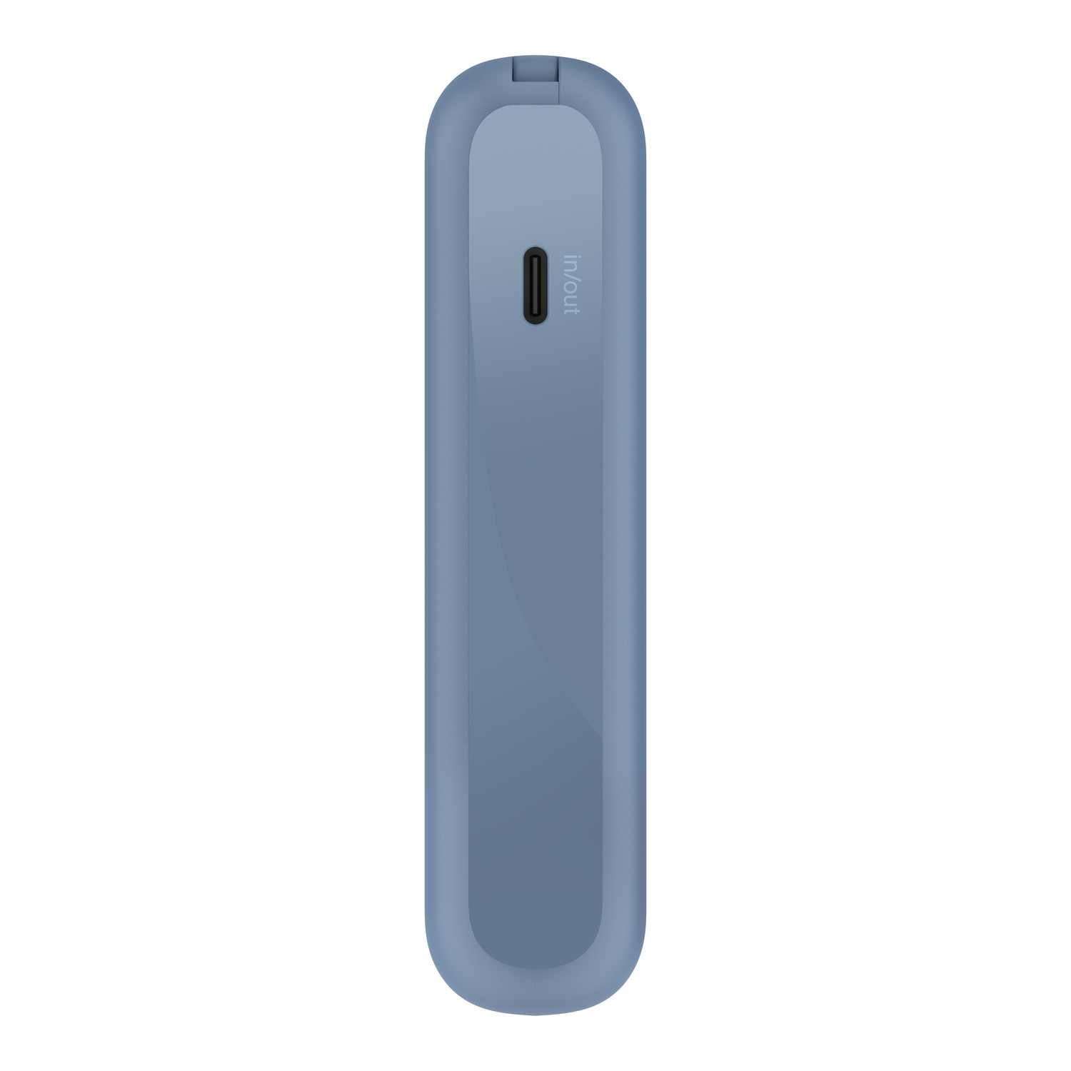Een blauwe, slanke oplader met een 'In/Out'-poort.