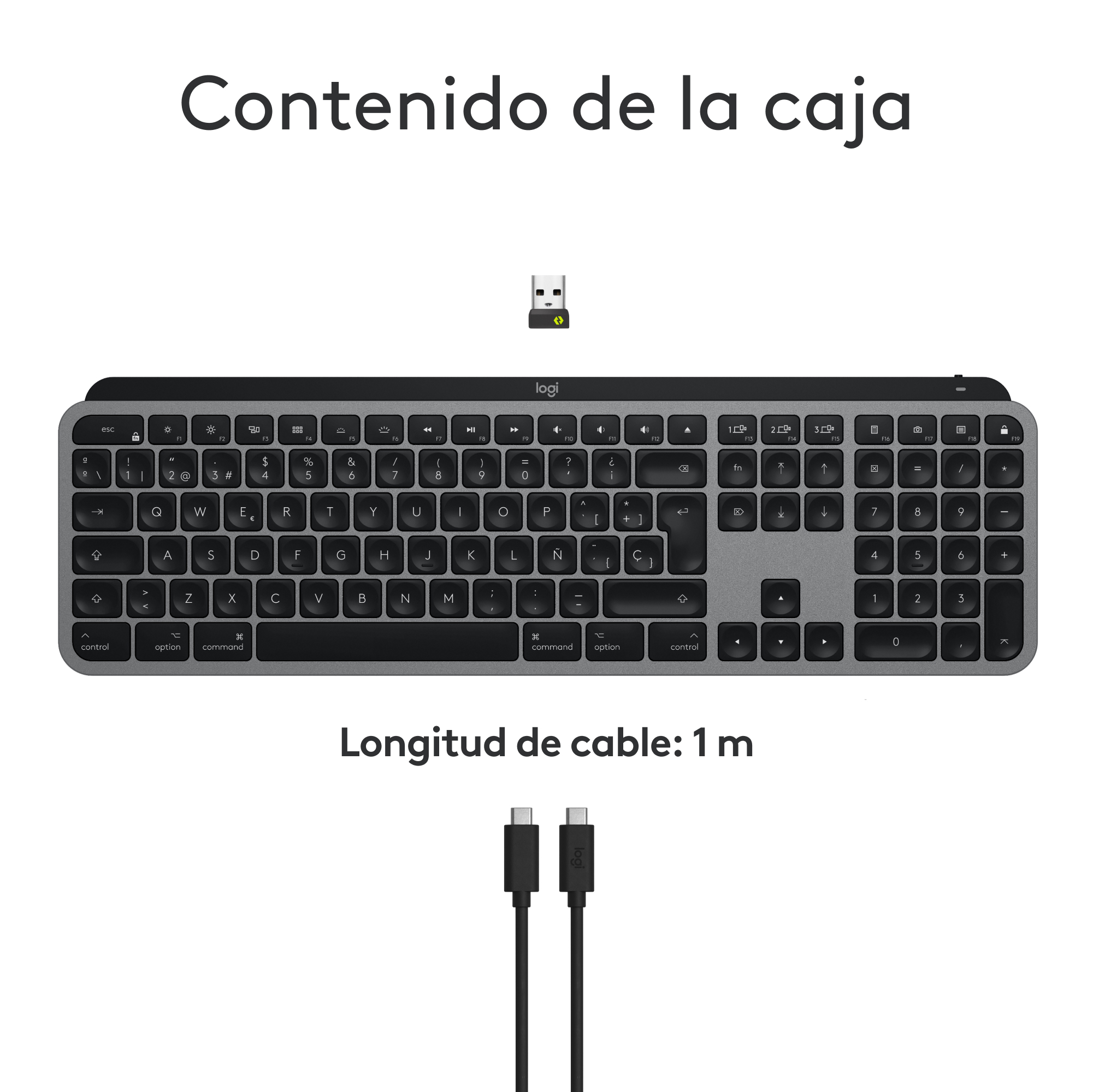 Un teclado, una memoria USB y dos cables dispuestos sobre un fondo blanco.