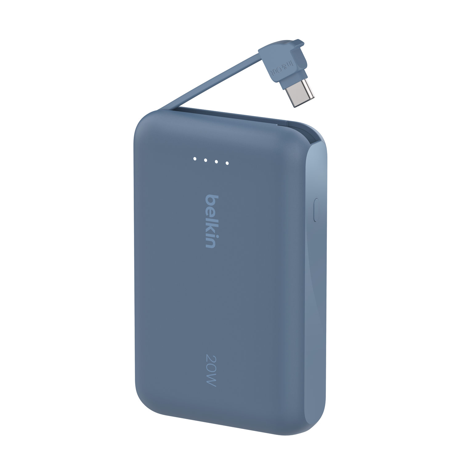 Een blauwe Belkin-oplader met geïntegreerde kabel en 20W-opdruk.