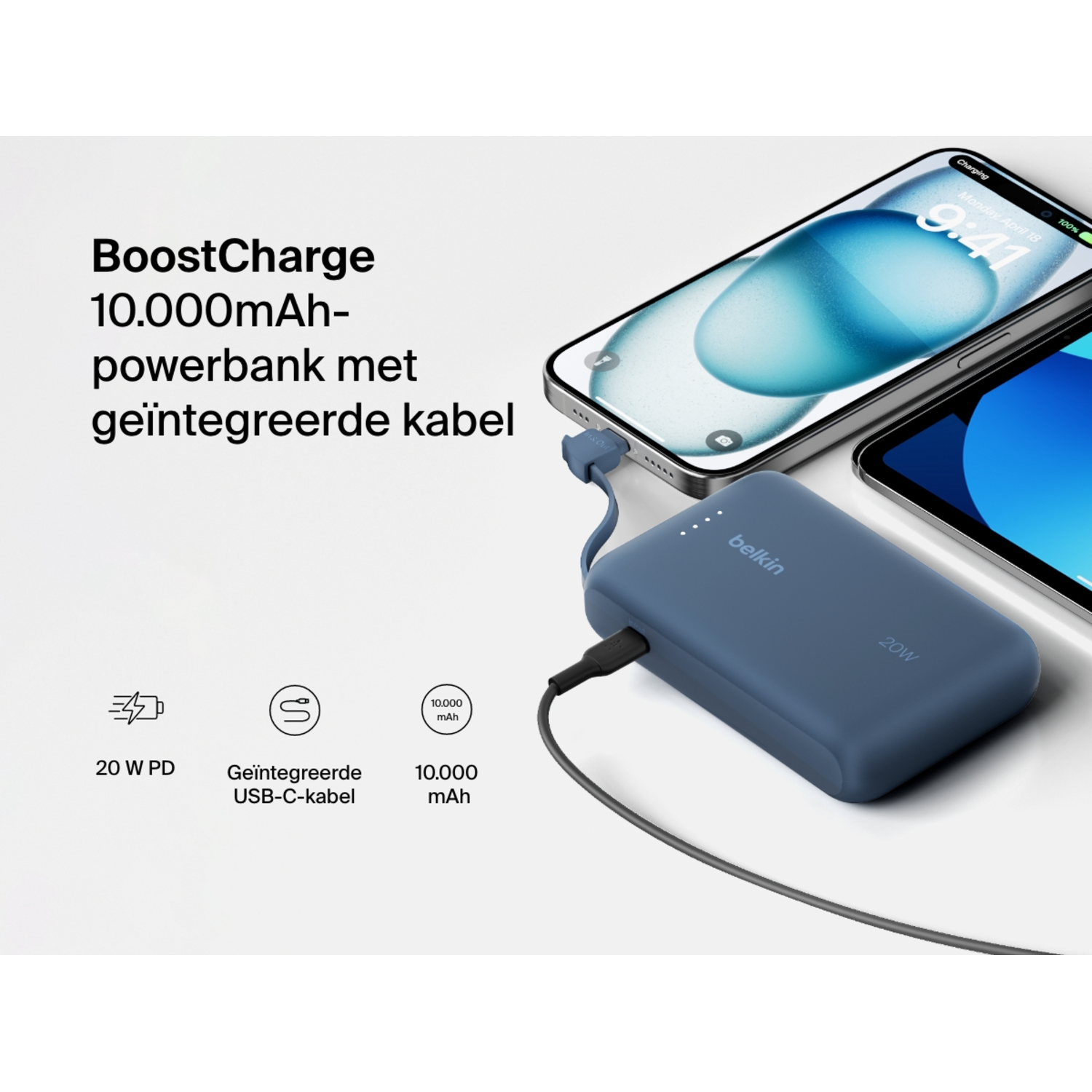 Een blauwe Belkin-oplader die een smartphone oplaadt met een kabel, met tekst en symbolen.