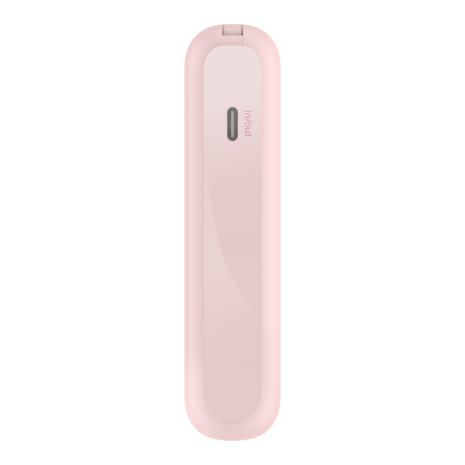 Pink power bank with 'In/Out' port.