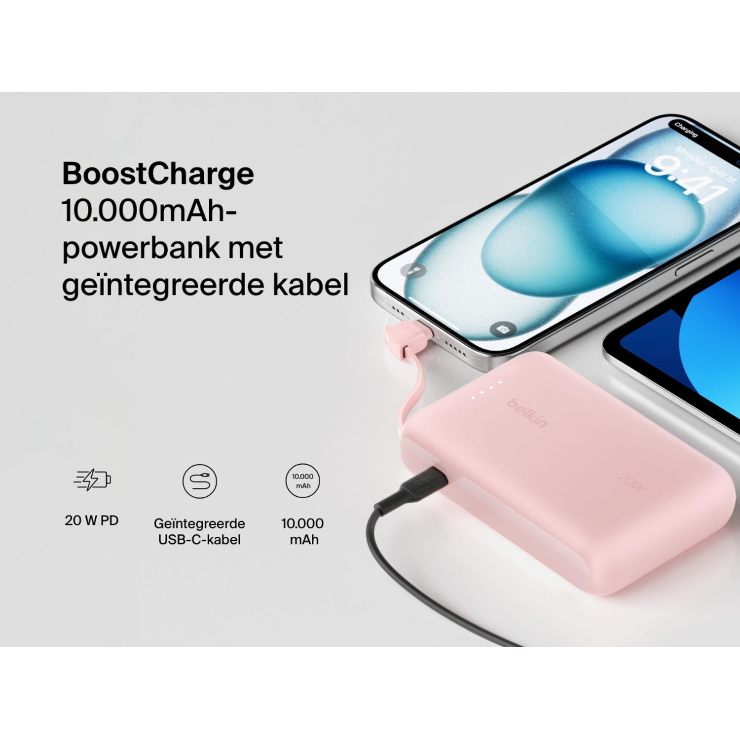Pink power bank charging a phone, with another phone next to it, text, and logos.