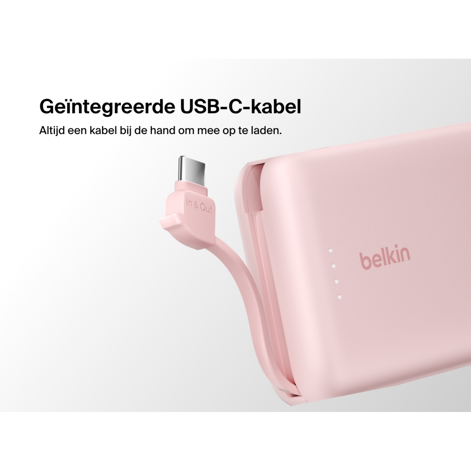 Pink power bank with integrated cable extending from the device.