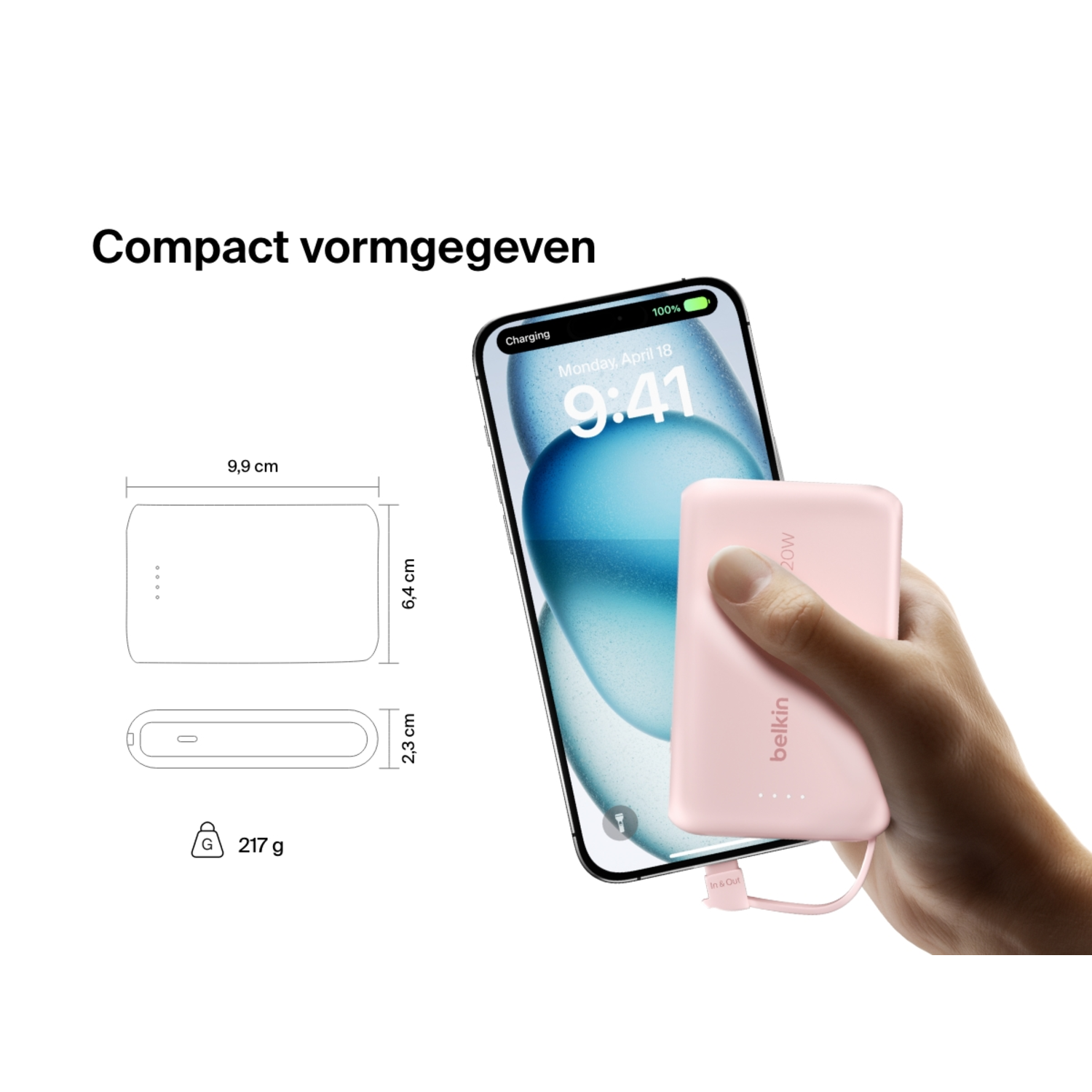 Hand holding pink power bank, next to a phone showing charging and dimensions.