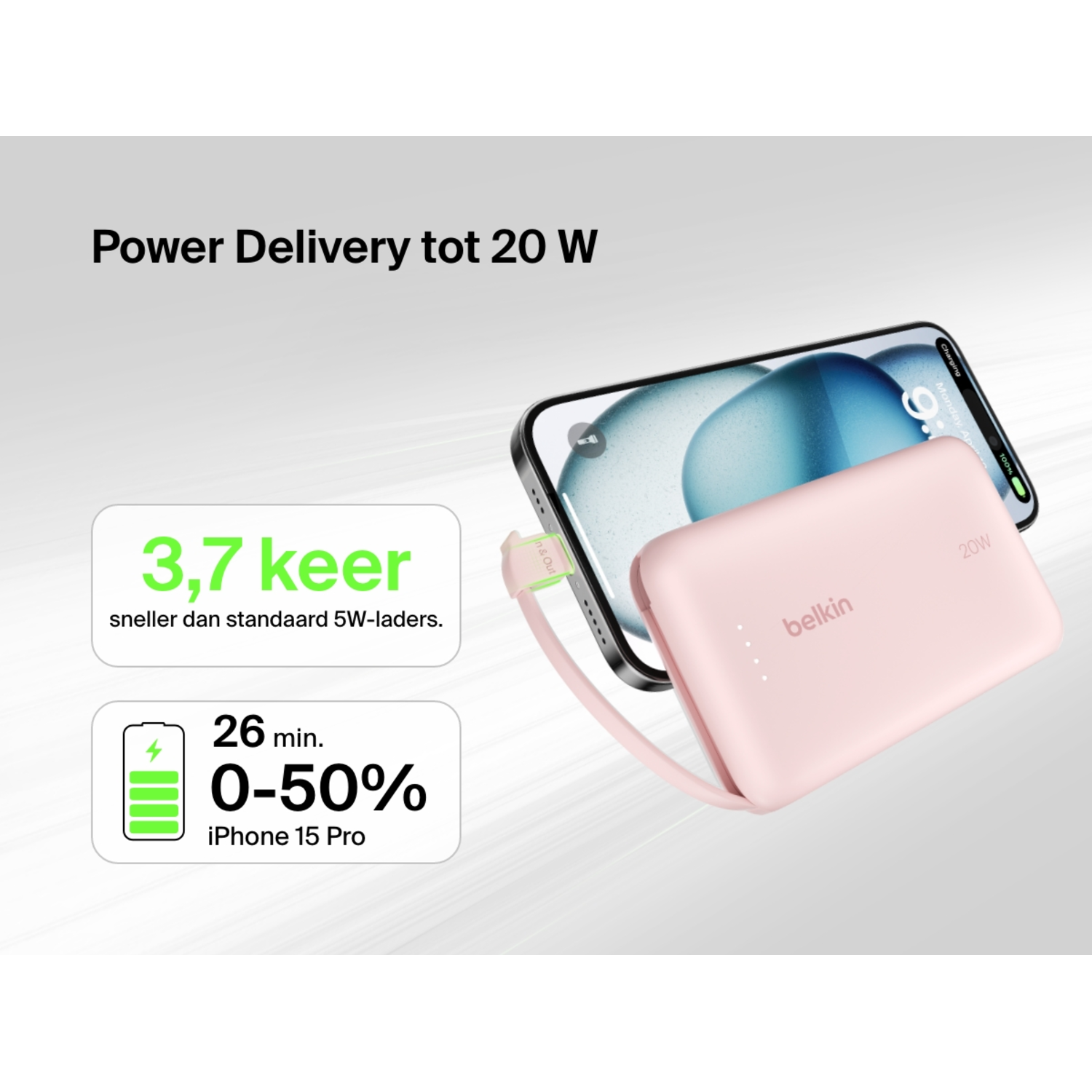 Pink power bank charging phone, with text and symbols about charging speed.