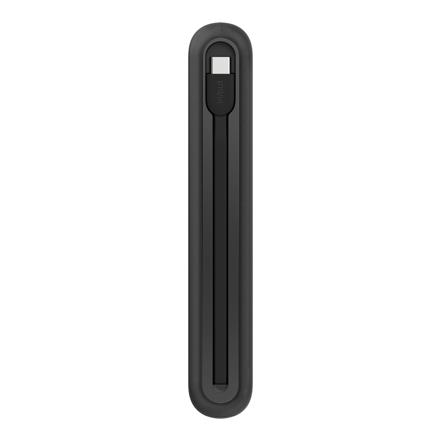 Black power bank with integrated cable.