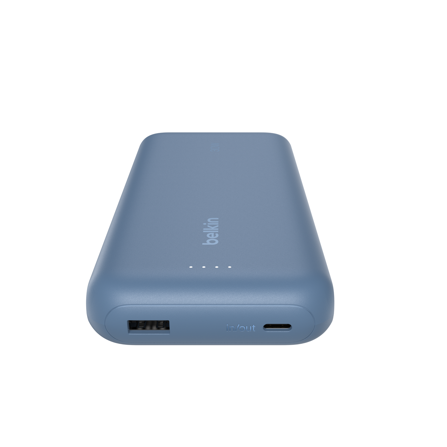 Light blue Belkin power bank, 30W, with charging port. Against white.