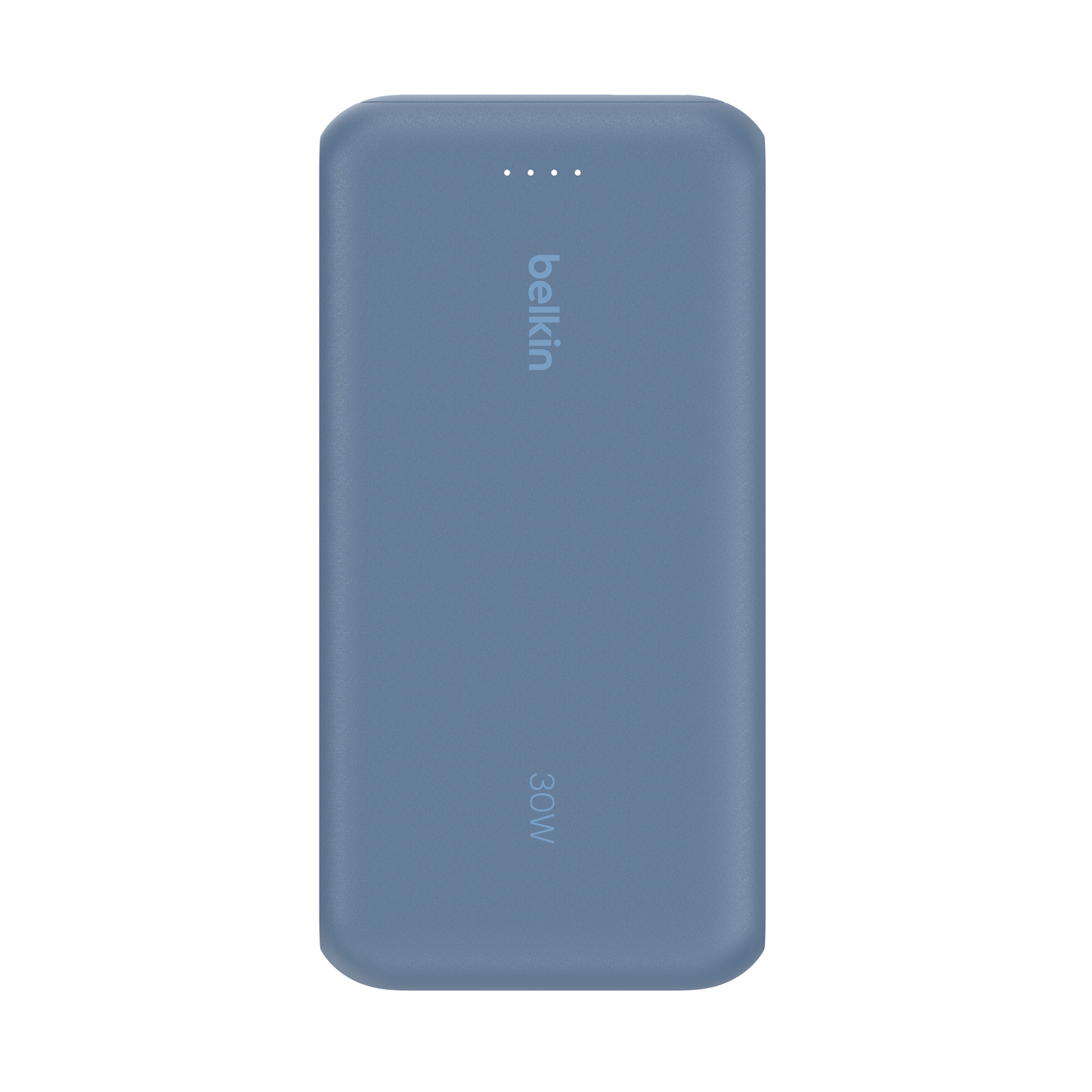 Light blue Belkin power bank, 30W, with logo and charge indicator. Against white.