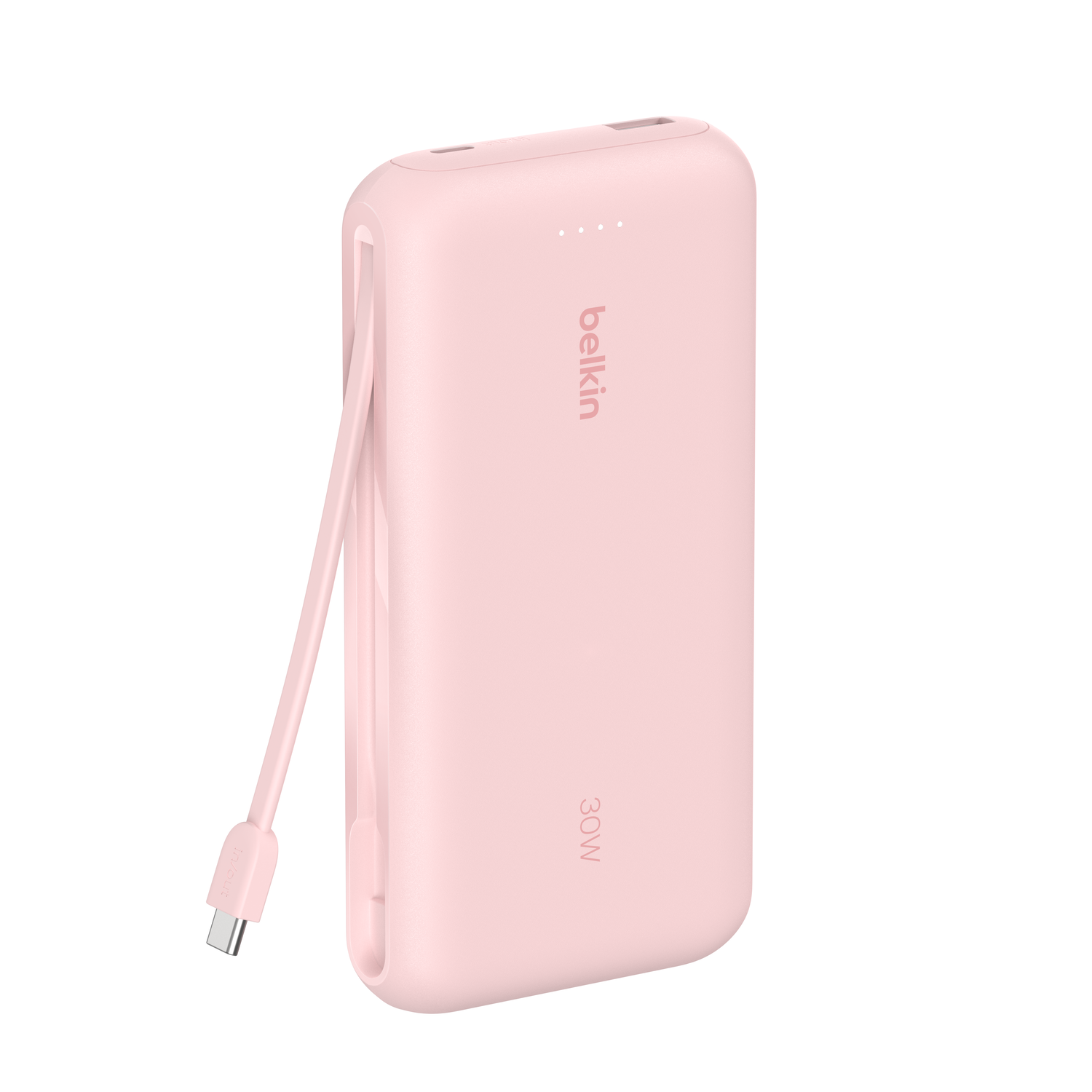 Roze Belkin powerbank, 30W, met kabel. Op een witte achtergrond.