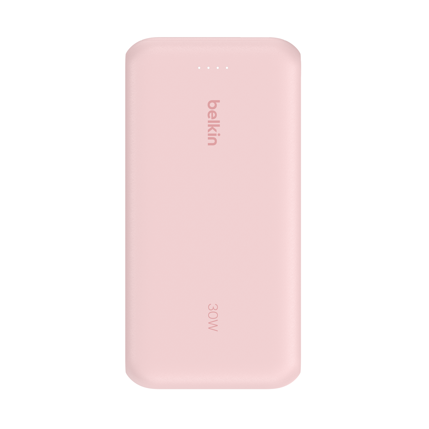 Roze Belkin powerbank, 30W, met logo en oplaadindicator. Op witte achtergrond.