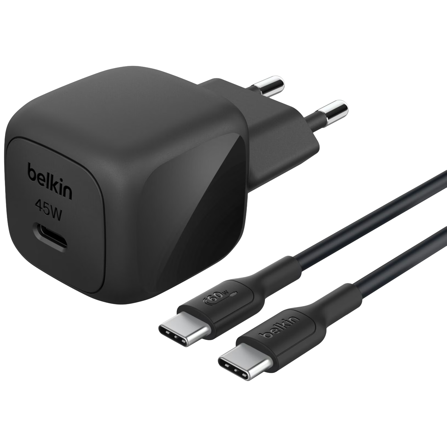 Zwarte Belkin 45W oplader met twee USB-C kabels. De oplader heeft een stekker en de kabels hebben 60W en Belkin labels.