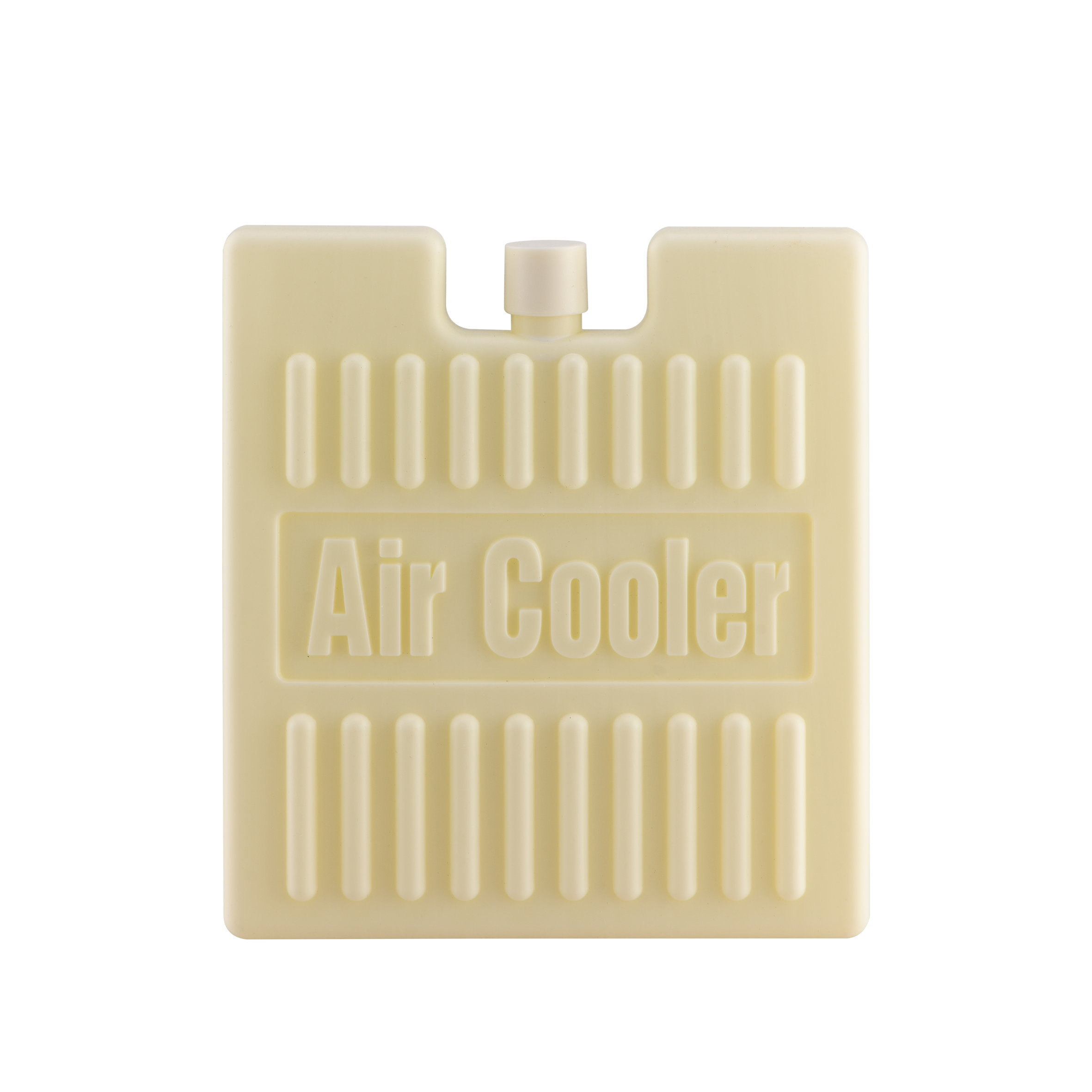 Air Cooler yazılı dikdörtgen, krem renkli bir soğutma pedi.