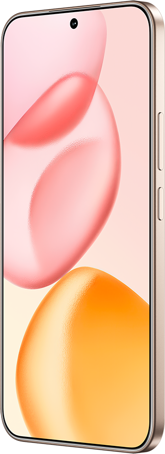 Az okostelefon rózsaszín és narancssárga háttérrel jelenik meg. A telefon arany színű.