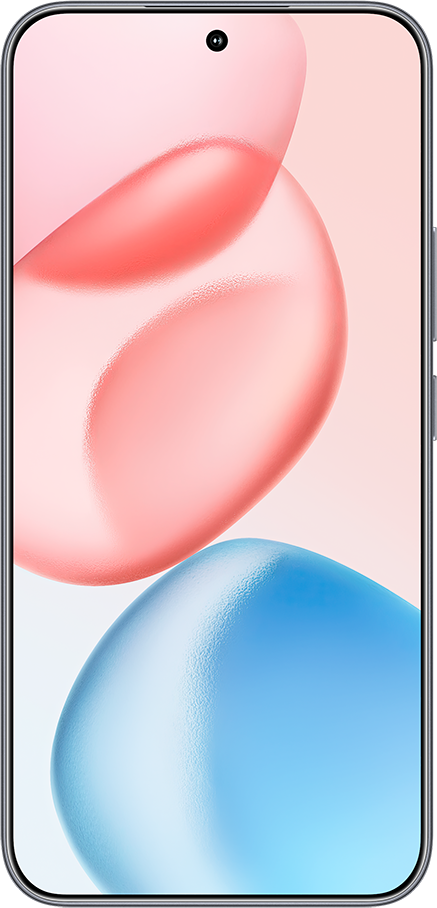 Az okostelefon rózsaszín és kék háttérrel jelenik meg. A telefon ezüst színű.